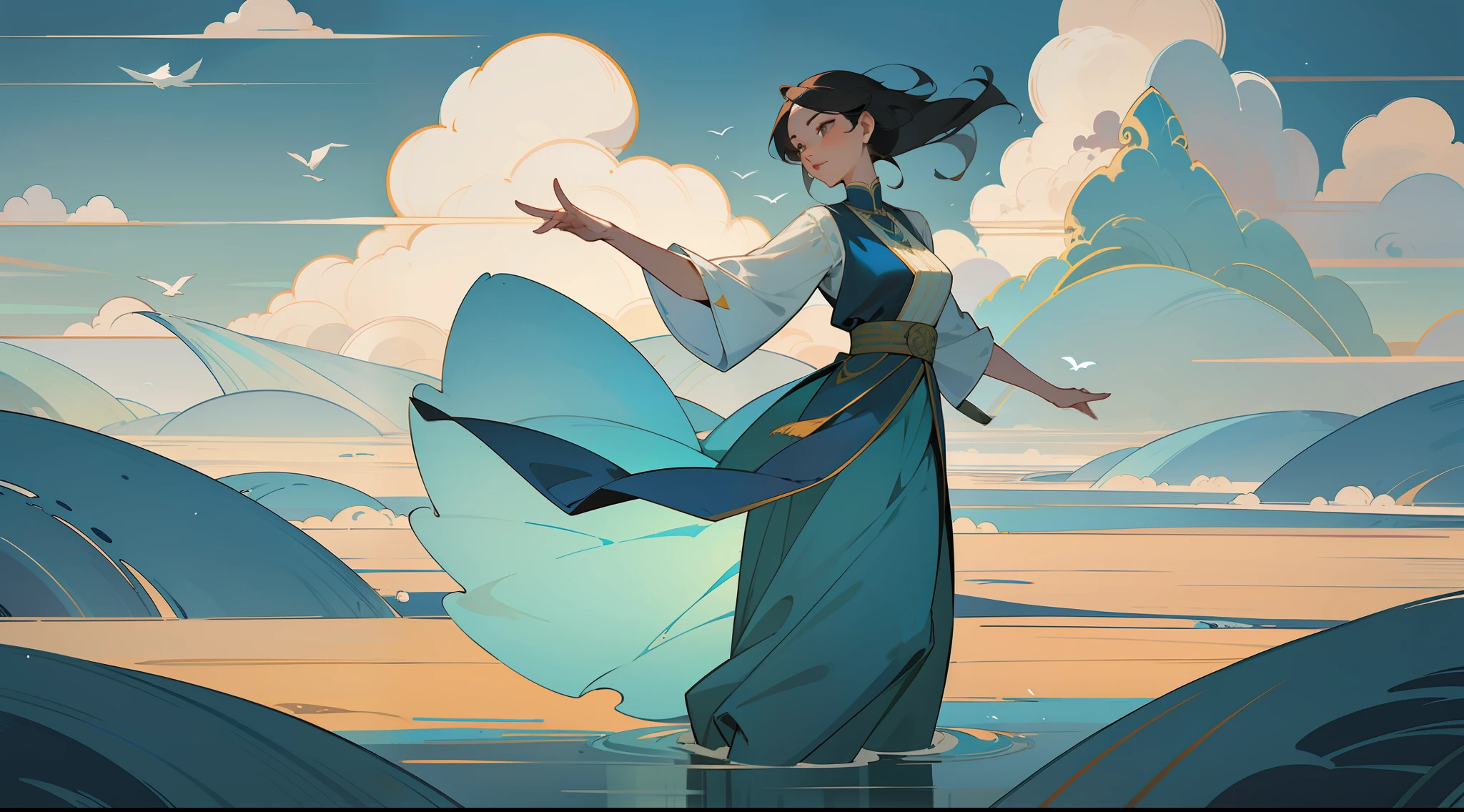 A woman is dancing，Flying Dance，Flying water casing，Flowing placket，joyful expressions，A vast scene in the center of the composition, Best lenses, Dunhuang murals、 mountain water、palaces、high detal、Birds、floating cloud，Fine lines，Best quality, Masterpiece, (Realistic:0.6), realisticlying,Flower frame， Decorative panels， abstract artistic。