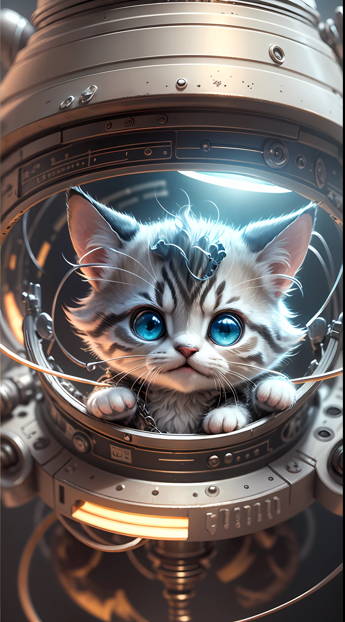 A cute metallic white fur kitten，(Cyborg:1.1)，([Tail|detailed wire]:1.3)，(complexdetails)，hdr，(complexdetails，ultra - detailed:1.2)，Cinema lenses，Halo shadow，at centre，White-haired kitten！！！，red colour，ssmile，Funny，crystal，brightly，shaggy，Floating in mid-air，Bling background