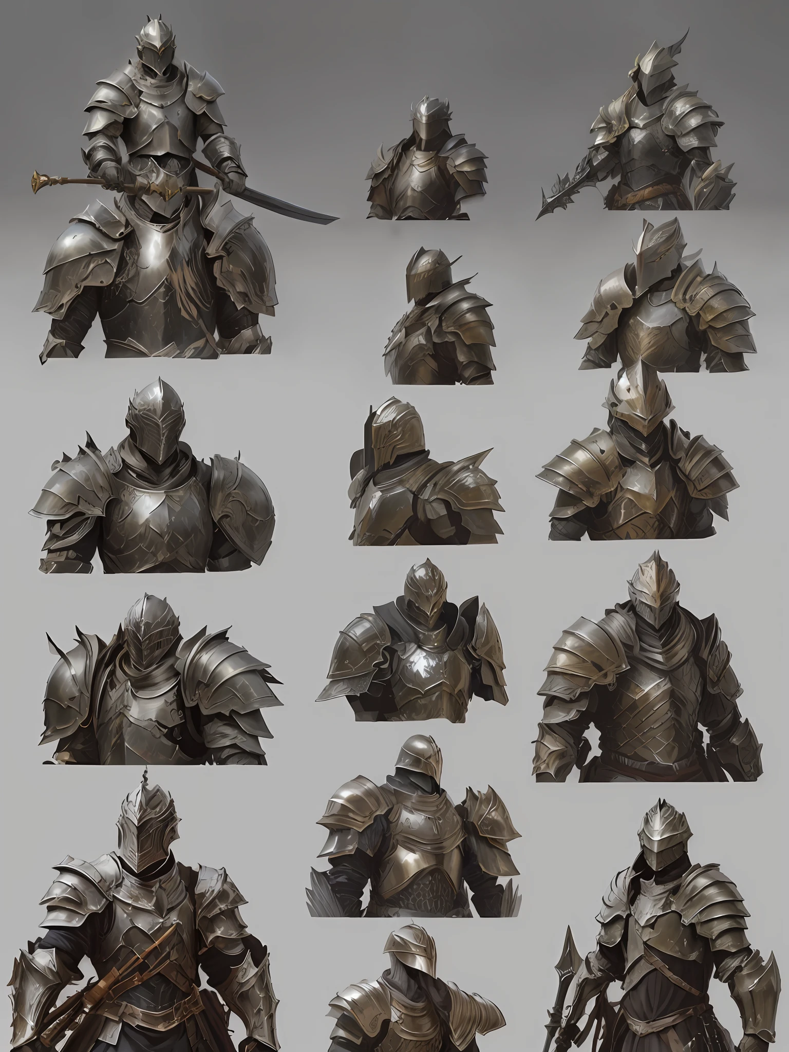 Close-up of a bunch of different armor on gray background, some curved armor, dark soul armor concept, dark souls concept art, Armor elements, darksouls concept art, Realistic armor, thick armor, Knight armor, infinity blade armor, knights armor, heavy fantasy armor, Concept armor, 8 k character concept art, 8k character concept art, Complex armor