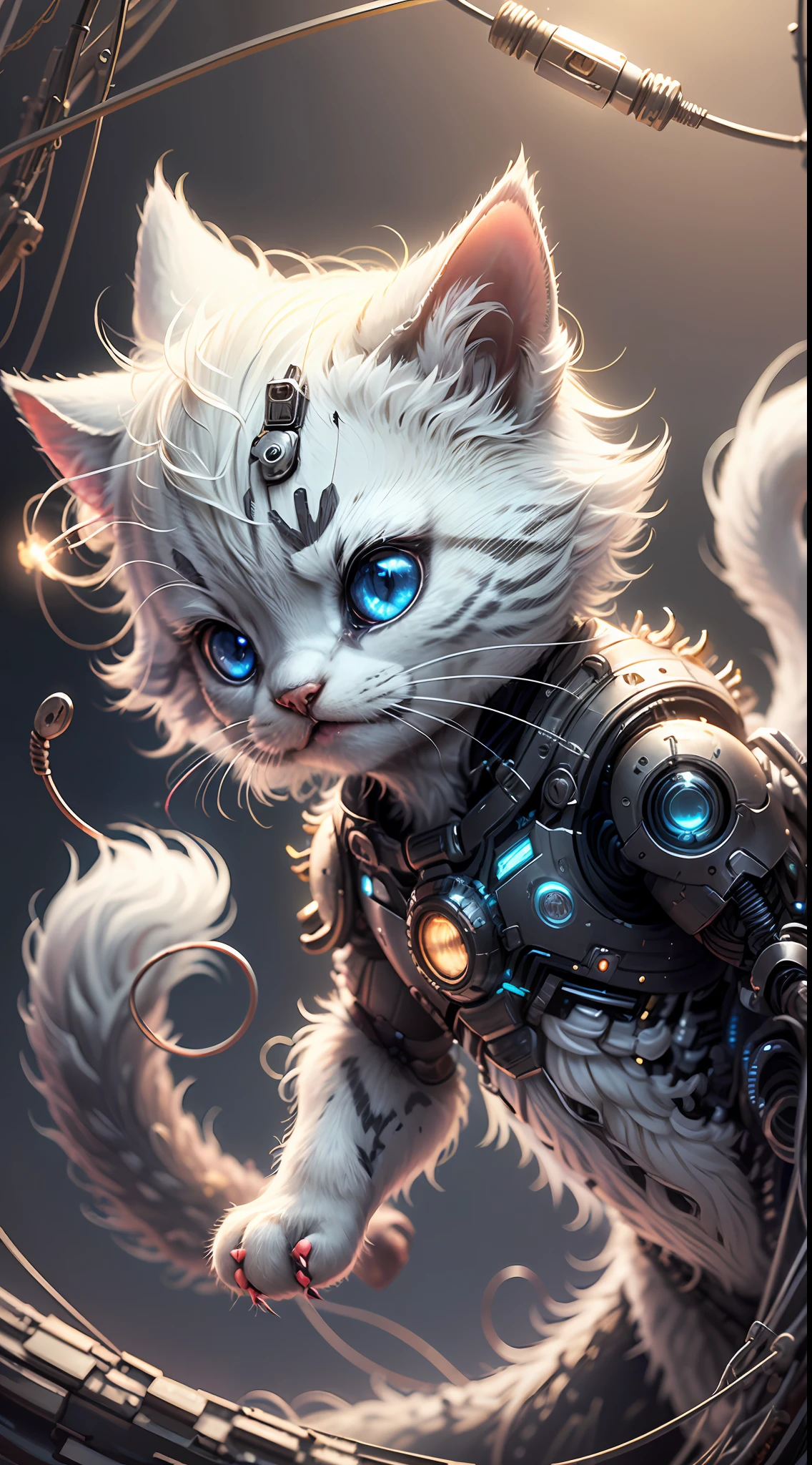 A cute metallic white fur kitten，(Cyborg:1.1)，([Tail|detailed wire]:1.3)，(complexdetails)，hdr，(complexdetails，ultra - detailed:1.2)，Cinema lenses，Halo shadow，at centre，White-haired kitten！！！，red colour，ssmile，Funny，crystal，brightly，shaggy，Floating in mid-air，Bling background