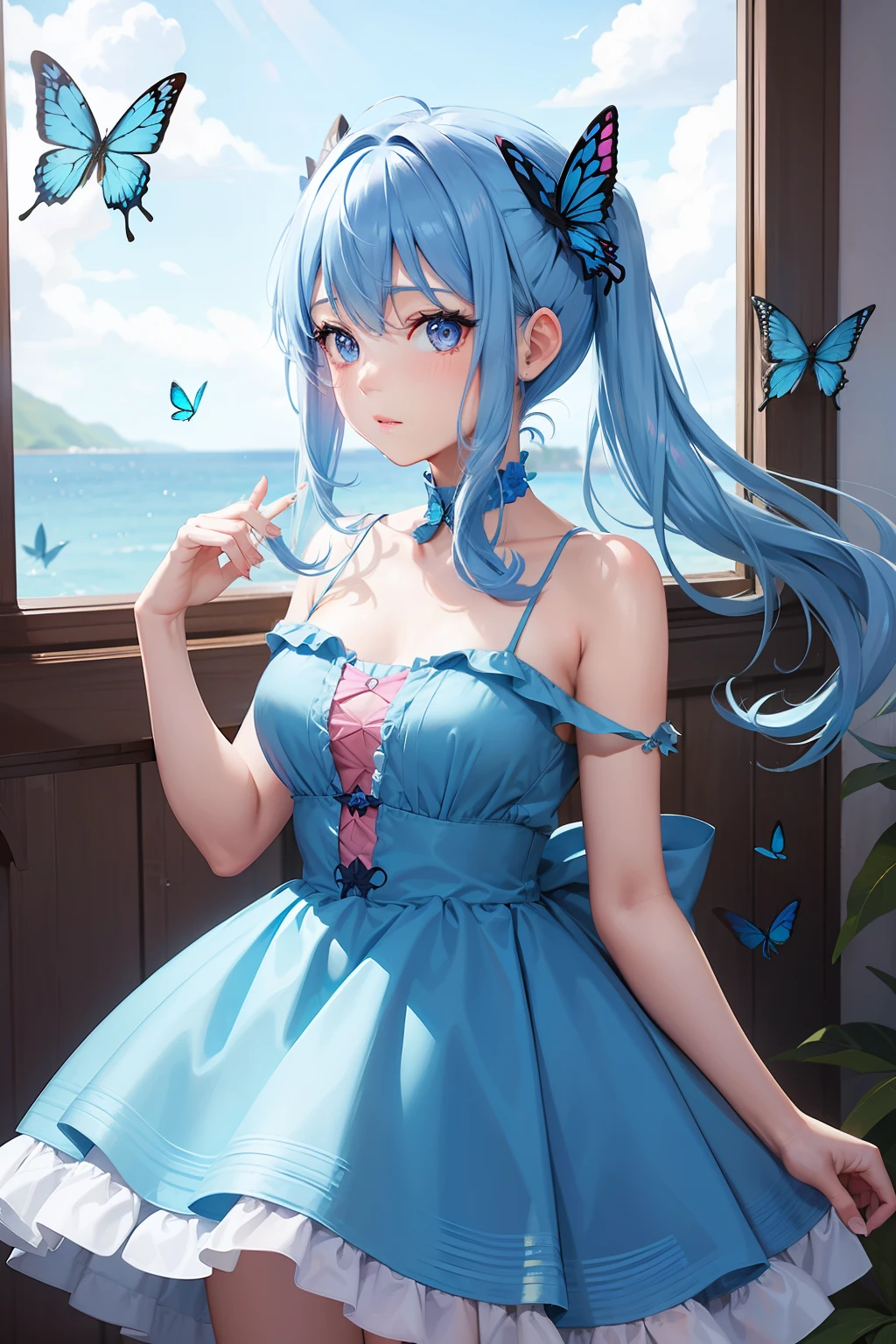 a women, blue butterfly, blue hair, pink eyes, blue dress