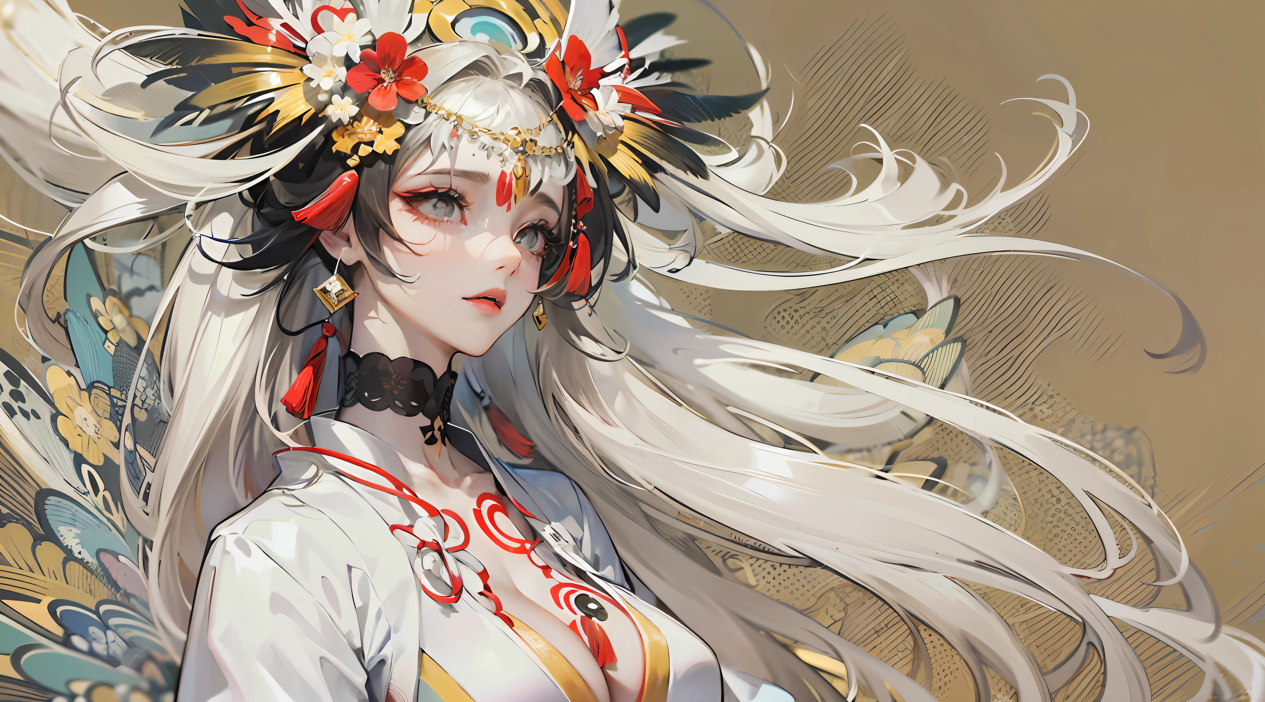Amaterasu, Goddess of the sun, Sun incarnation,The supreme god of Japan,Ruler of Takamagahara, and the apotheosis of the sun。Ancestor of the Emperor of Japan,The supreme deity of Shinto in Japan,The embodiment of the Great Sun,The background is daylight,(Seductive pose),((super gigantic breasts,Attractive cleavage)), (Married Woman),apathy,Extremely majestic,Intimidating,Pitch-black eyes,Japanese makeup,kneeling to sitting on the ground,Create a splendid atmosphere,full of lights,White skin of the, Long black hair,Sun tattoo on the chest,mother with big breasts,(Extremely gorgeous costumes),clogs,white legwear,with perfect legs,Clear fingers,Separate palm(A wide range of luxury accessories),Perfect flesh full of texture, ,Scorching rendering, jaw dropping, Captivating visual treat,((best qualtiy)), ((tmasterpiece)),MAXIMUM DEFINITION,8k wallpaper,offcial art,Many-Layer Textures ,ultra-detailliert, illustratio,(Super detailed face),(s the perfect face), Clear texture, finely detailed textures, Ultra HD detail display, Excellent image performance,High-quality illustrations,Perfect fit and harmonious tones,Deep lines,Precise brushstrokes,Strong sense of three-dimensionality,Delicate wearing feeling,Wonderful color scheme,intricately details