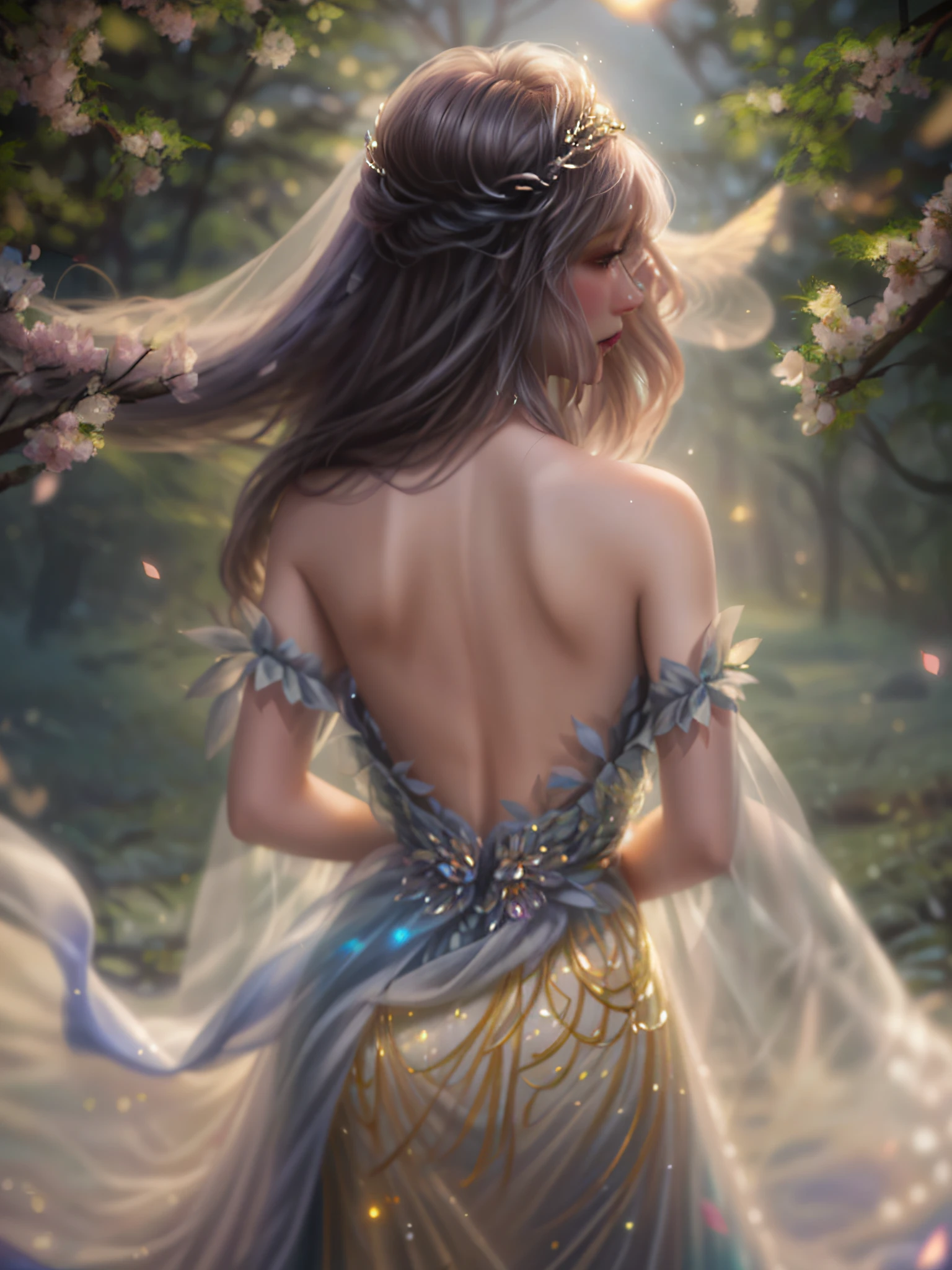 In a realm of enchantment, within a magical forest, a mystical fairy girl emerges, a radiant being adorned in gossamer threads of moonlight. her skirt, woven from petals and stardust, shimmers with an iridescent glow, reflecting the celestial canopy above. As she flutters amidst blossoming trees and twinkling fireflies, the air resonates with the ethereal symphony of nature's whispers, Create a field where dreams and reality intertwine，A dance that forms pure charm.see through dresses,White shiny skin,