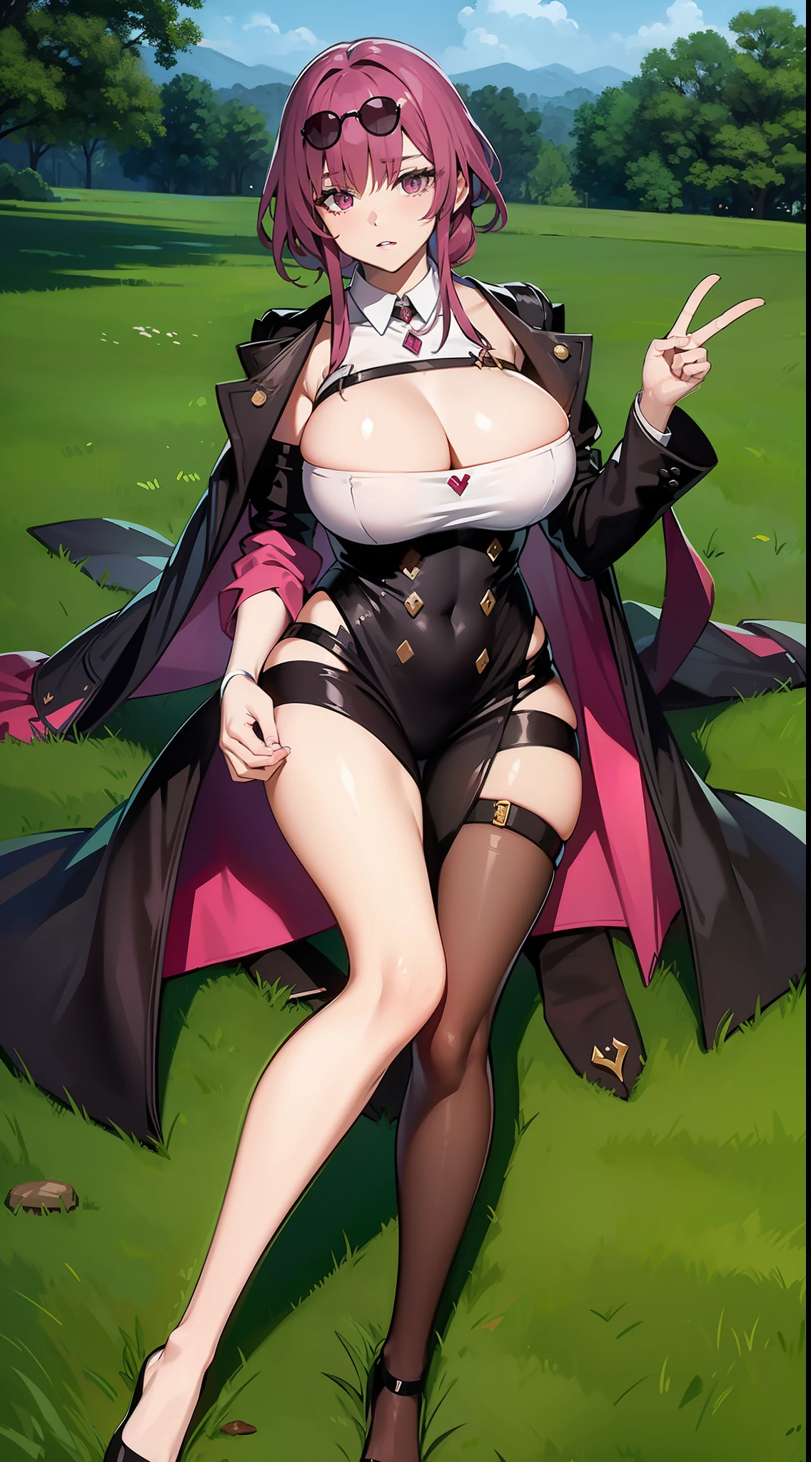 solo person，Exquisite graphics，Night picture,Half exposed,Pink skin,Black gauze crossover,Ruby necklace,Silk nightdress,Lightweight texture,Breast breasts loom,Crisp chest upturned,Deep cleavage,Wild view,Late at night,Clear moonlight,Long legs overlap,Moisturizes skin,Pink and tender,Ruddy lips,Lying on the side of the grass,Right hand on the forehead,Place the left hand on the blade of grass,Tilt your head back,Confused,Wait for caresses