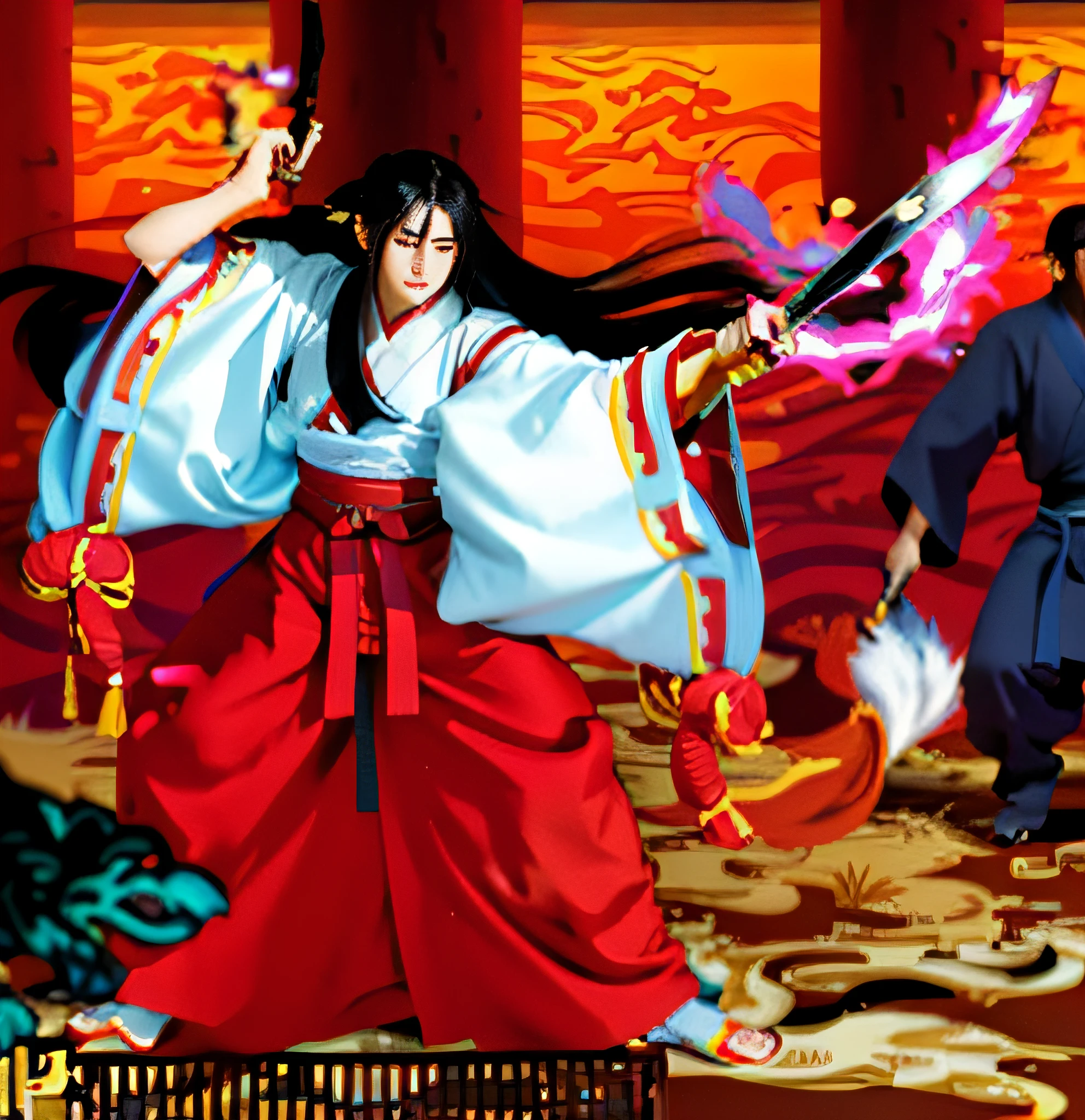 a close up of a person with a sword in a game, sengoku - era art style, ninja scroll anime style, anime ninja scroll, sengoku era, appears as the fire goddess, Katana Zero video game character, flowing hair and long robes, full-body wuxia, guilty gear art style, Ninja scrolls, wearing a long flowing robe, New geography