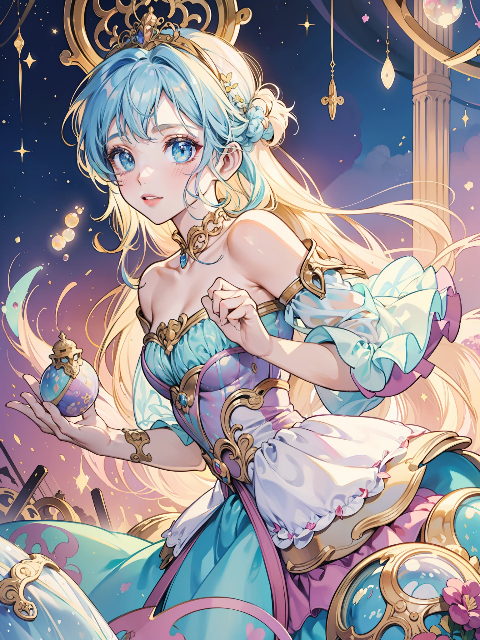 masterpiece, best quality, 8k resolution, sharp focus, intricate detail, beautiful girl, sparkling eyes, golden ratio face, otherworldly liquid, watercolor, ((pastel colors)), bright colors, whimsical, colorful, sharp focus, high resolution, fine detail, princess fantasy ballgown, ((round eyes)), iridescent bubbles, castle landscape in background