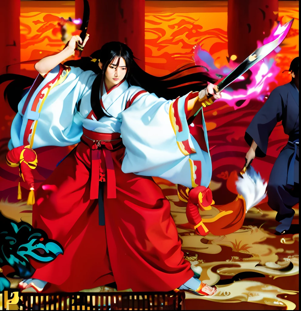 a close up of a person with a sword in a game, sengoku - era art style, ninja scroll anime style, anime ninja scroll, sengoku era, appears as the fire goddess, Katana Zero video game character, flowing hair and long robes, full-body wuxia, guilty gear art style, Ninja scrolls, wearing a long flowing robe, New geography