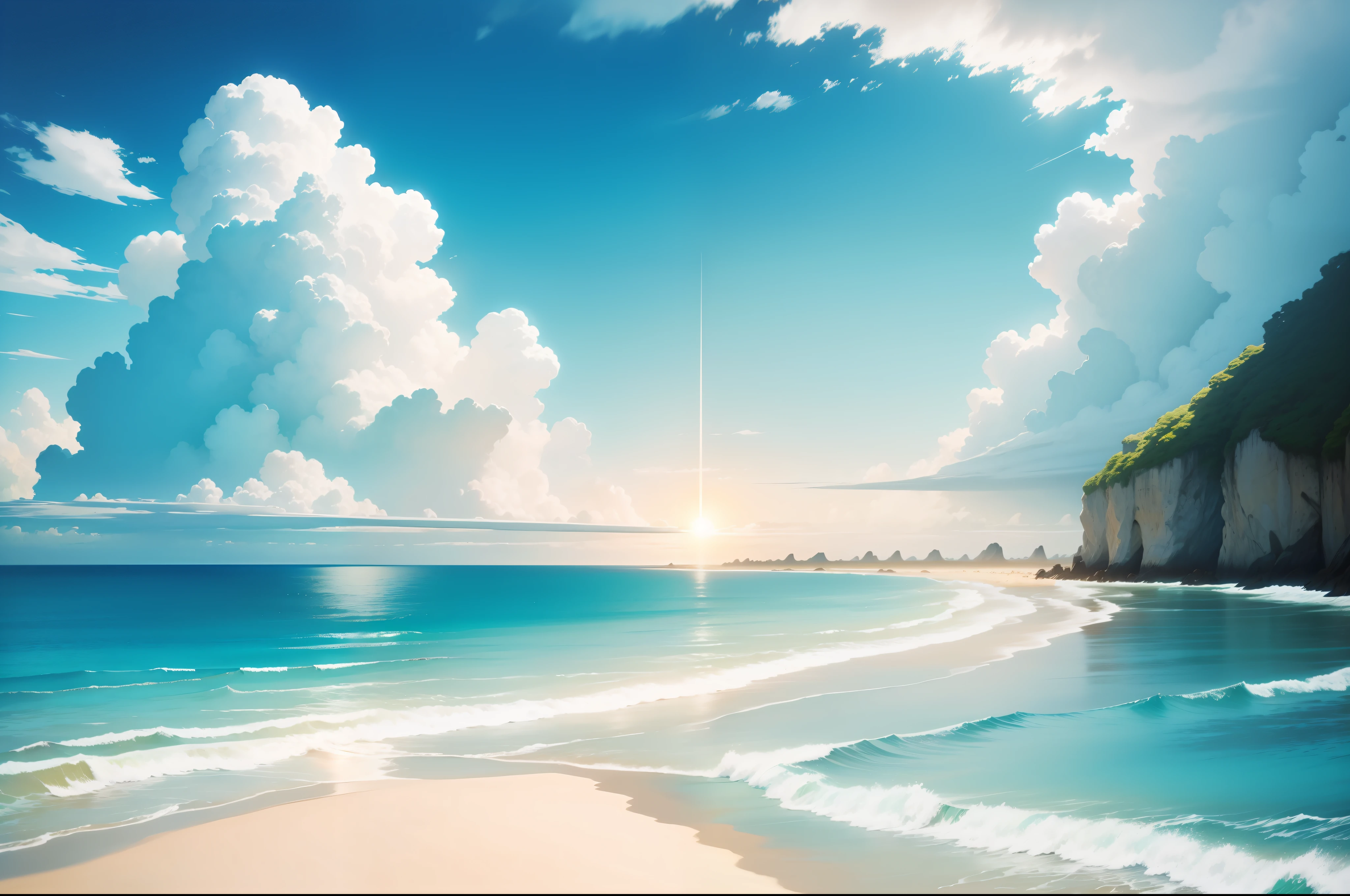 Coastal sandy beaches,Turquoise sea,The sea is shining,You can see a corner of the sun,with blue sky and white clouds,The feeling of early morning,extreme hight detail,You can see the vast sea,The view from the beach to the sea