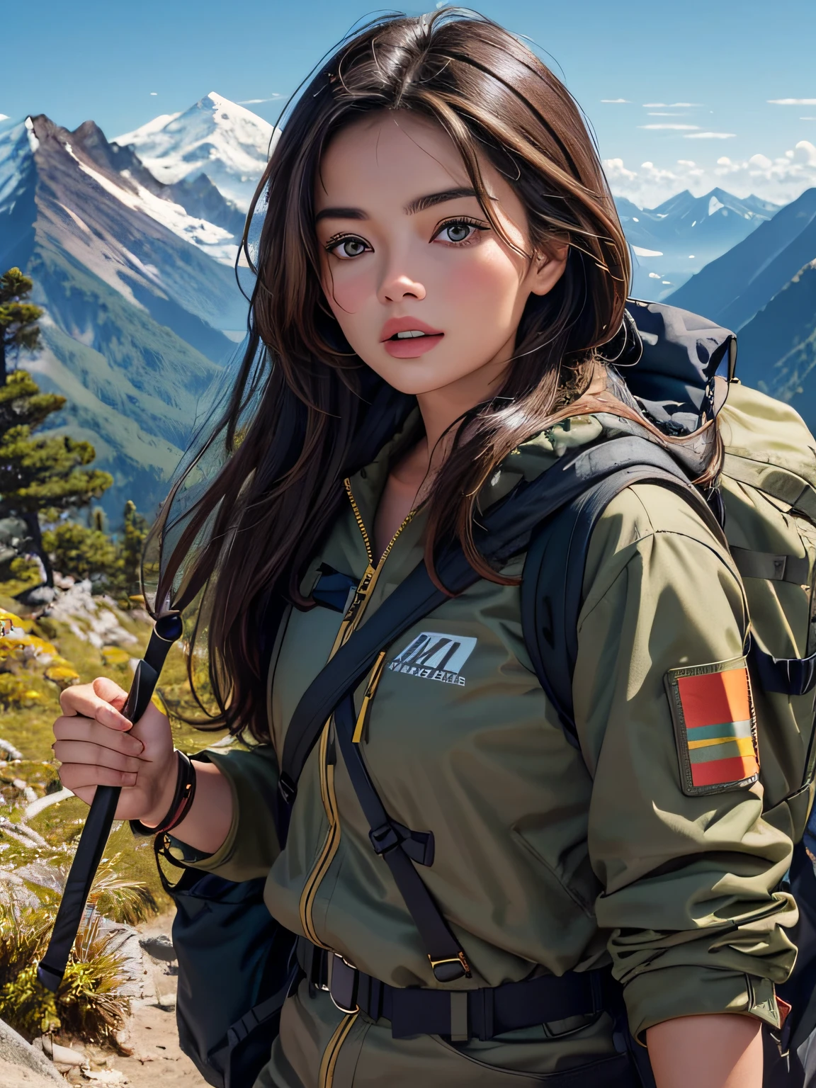 brown eyes, long dark brown haired asian woman with backpack on top of tropical mountain looking at camera, hiking clothes, portrait of a female ranger, female explorer mini cute girl, a mountain look like a women, cute woman, gorgeous woman, karolina cummings, photo of margot robbie, alana fletcher, wearing adventure gear, wearing adventuring gear, portrait of margot robbie, victoria siemer, portrait of an adventurer