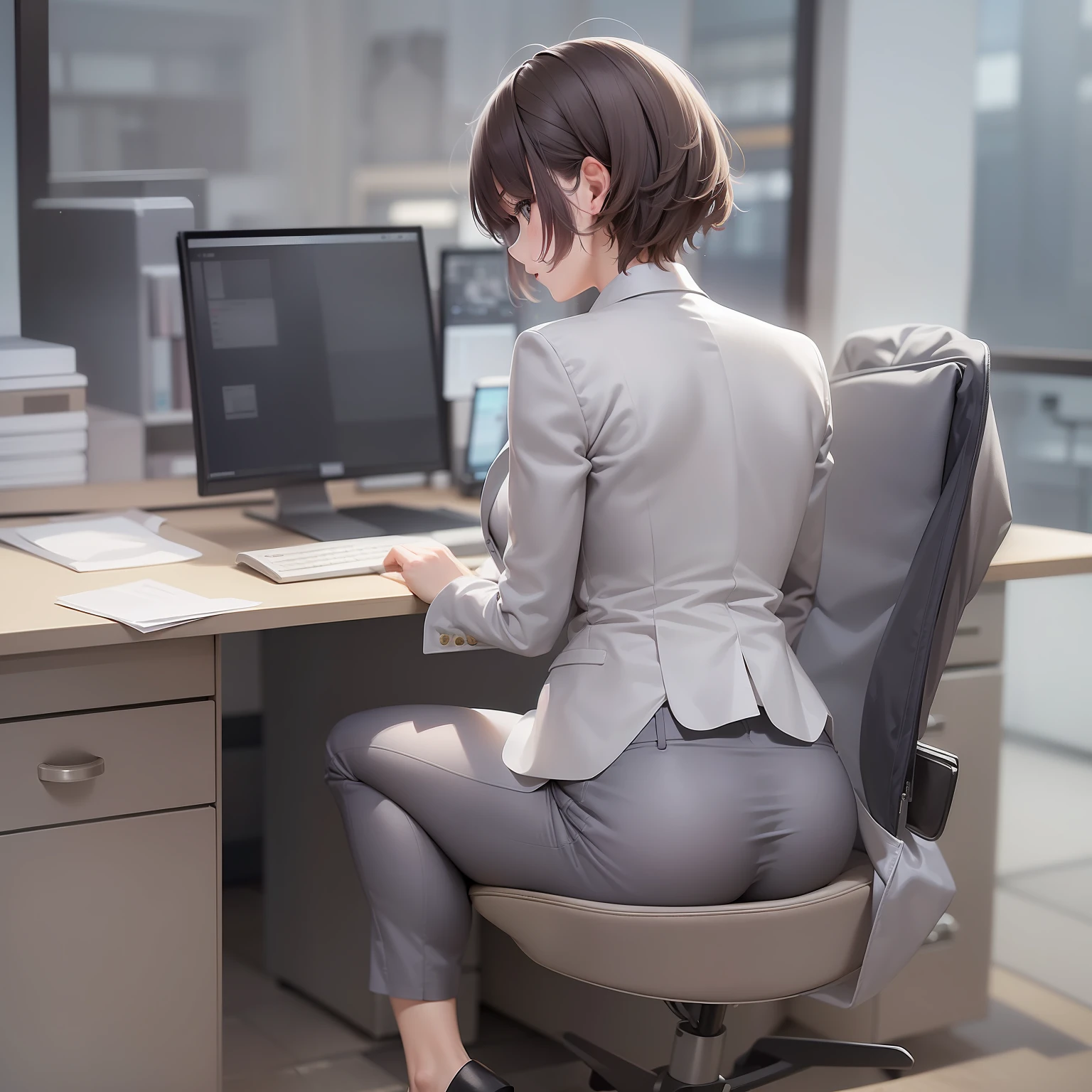 (Top Quality, 8k, 32k, Masterpiece, UHD: 1.2), 1 girl, beautiful Japan woman, thin waist, gray suit, white shirt, , office lady, suit, pants, from behind, office, desk, (sticking out the buttocks: 1.2), detailed face, short hair,