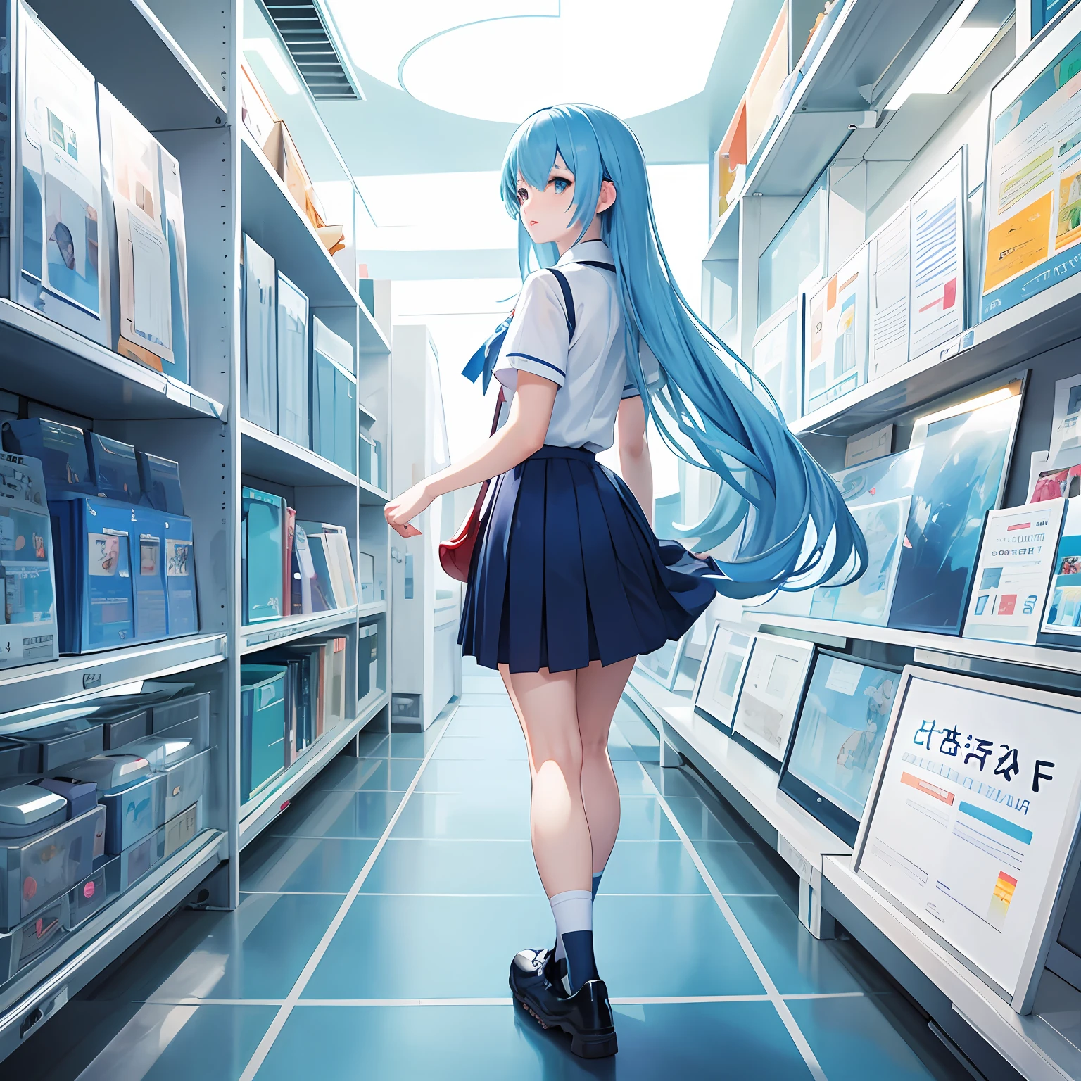 skyblue hair,Two-dimensional girl,Looking back by chance,astonishment,School uniform JK,A half body, best qualtiy,Light,