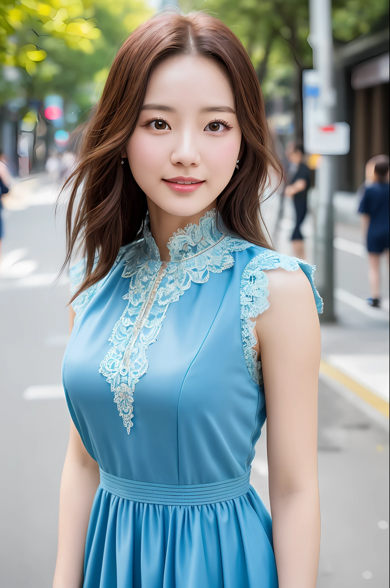 (tmasterpiece,超高分辨率,8K uhd,best qualtiy,RAW photogr,realisticlying,realisticlying,photo-realistic,Real Human),((1 girl)),tech sense,CG,unified,the wallpaper,offcial art,astounding,finely detailled,Extremely refined and beautiful,The is very detailed,highly detailed,Clear focus,rich background,vague background, Background bokeh,dingdall effect,(photon maping,Radio City,physically-based renderingt,automatic white balance),dark studio,edge lit,twotonelighting, DSLR, softlighting, high qulity, volumettic light,(((highdetailskin:1.2,Visible Pore))),((facial closeups))),((mediuml breasts:1.2)),20yr old,Chinese girls,A woman posing on a street corner in a light blue dress,Best quality at best,Large breasts,In the daytime,brightly,blur backgroun,Background bokeh,exteriors,(the street:0.8),(lace trimmed dresses:1.5,sleevelessdress,light blue clothes,light blue high-neck dress:1.2,a blue dress:1.5),opulent,(short detailed hair,forehead:1.2),Beautiful Details Sky,耳Nipple Ring,(dynamicposes:1.2), (The upper part of the body:0.8),ventania,shiny skins,ssmile