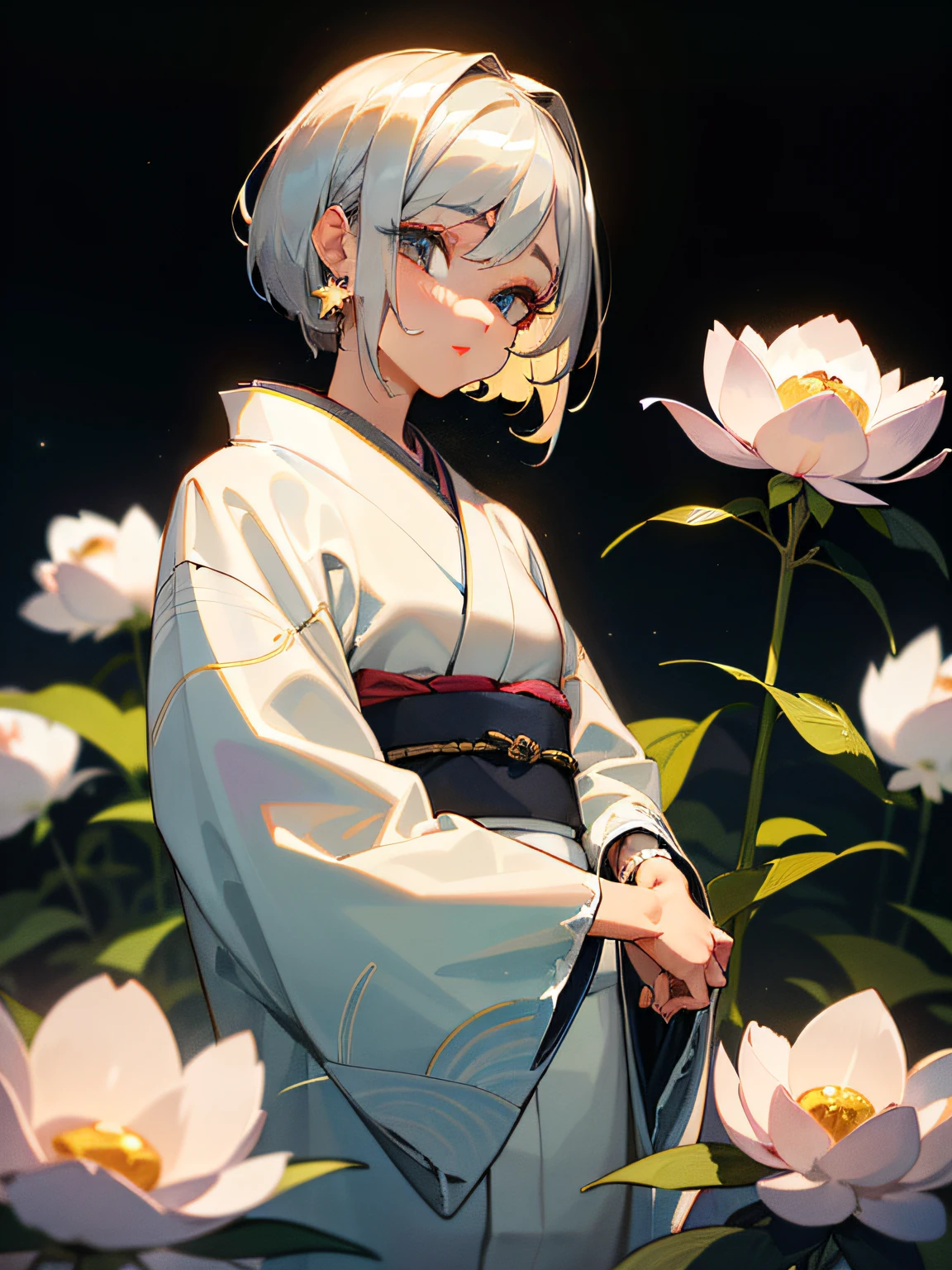 (masterpiece, hyper quality, high quality, best quality, highly detailed, ultra detailed, high resolution, absurdres, 4K, 8K:1.2), (incredibly fine illustration, extremely beautiful, aesthetic, detailed background, detailed shiny skin, detailed hair, detailed eyes, perfect hands, perfect anatomy), (best lighting, best shadows), 1girl, innocent, pure, Transparent, fantastic, (modern beautiful kimono:1.3), (long lower eyelashes, droopy eyes:1.3), having Japanese folding fan, surrounded by white peonies shimmering in opalescent color, white lace collar, modern makeup, silver short hair and lace hair band, intricate patterns on kimono, gold, white, light pink, starry night sky in the background, watercolor
