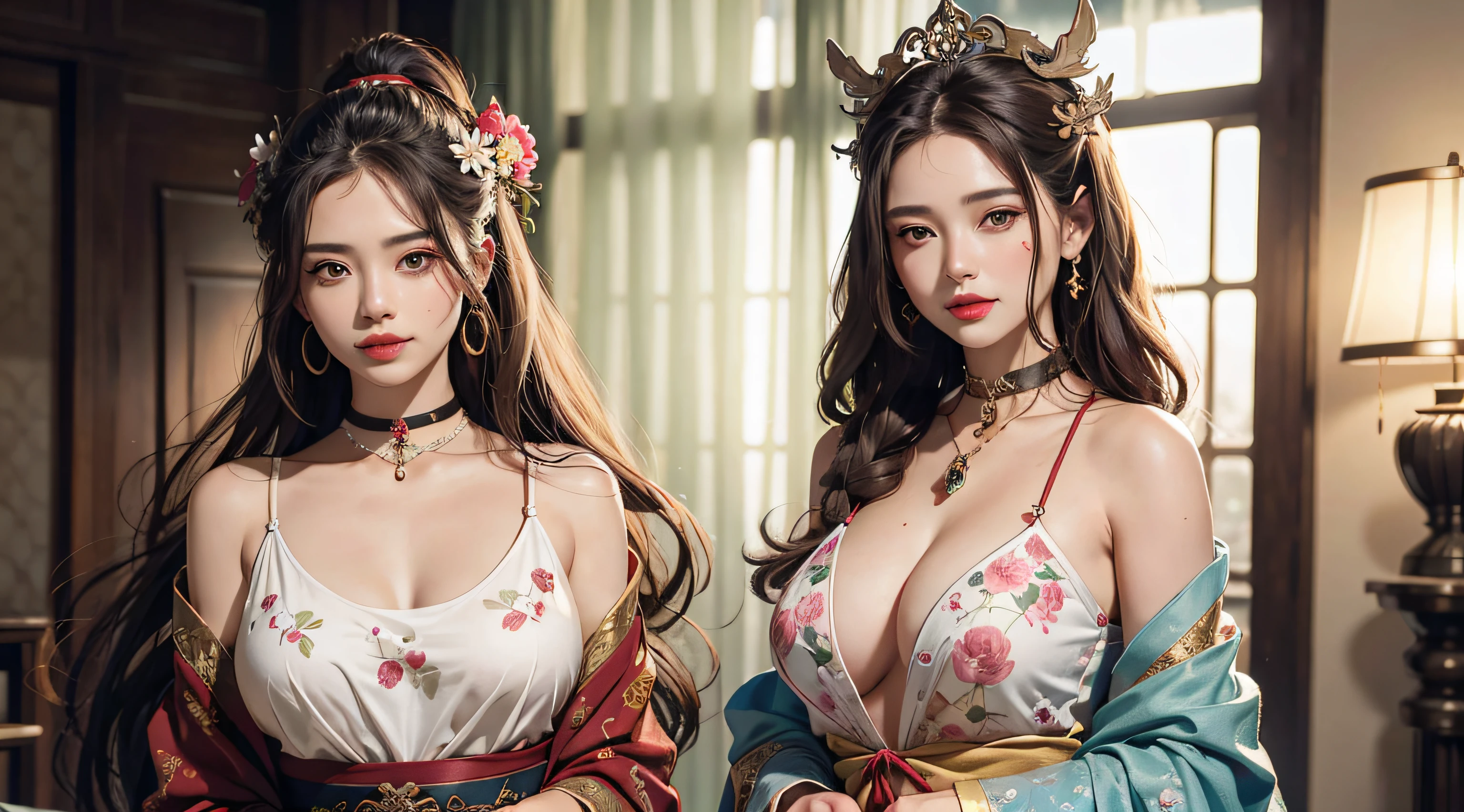 1female，huge tit，brunette color hair，ssmile，（Hanfu），Hanfu，（Open your clothes），Redlip，耳Nipple Ring，florals，hair adornments，jewelry，long whitr hair，Look at the audience，choker necklace，Portrait，ssmile，独奏，A half body，（Shiny skin）， （tmasterpiece：1.4），（best qualtiy：1.4）