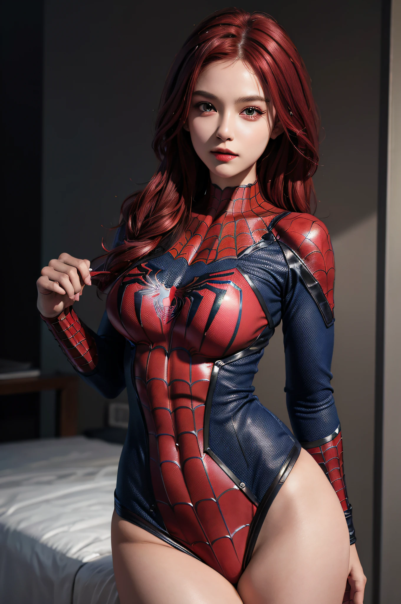 best qualtiy,GameCG,1girll,Bigchest,tmasterpiece,best qualtiy,8K,detailed skin textures,Detailed cloth texture,beautifull detailed face,Complicated details,the ultra-detailed,spiderman uniform,Straight red hair,