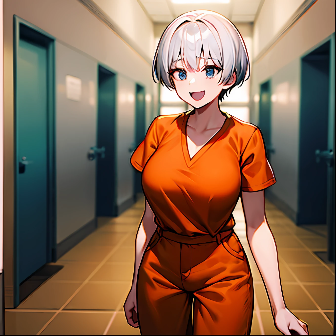 Arota anime with short white hair on the bangs and black back with large breasts wearing orange shirt and orange pants, in prison, in a prison cell, na cadeia, wearing orange prison jumpsuit, sorrindo, prison jumpsuit, prisioneira, in a prison cell, with prison clothing