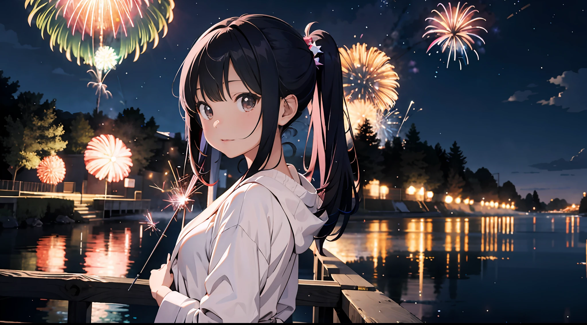 （​masterpiece、top-quality）girl with、sparklers、bathrobe、geta、Fireworks in the night sky、skyrocket、The place is a fireworks display、Time is night、Sunnyday、Turn around、So that the whole body goes into the illustration