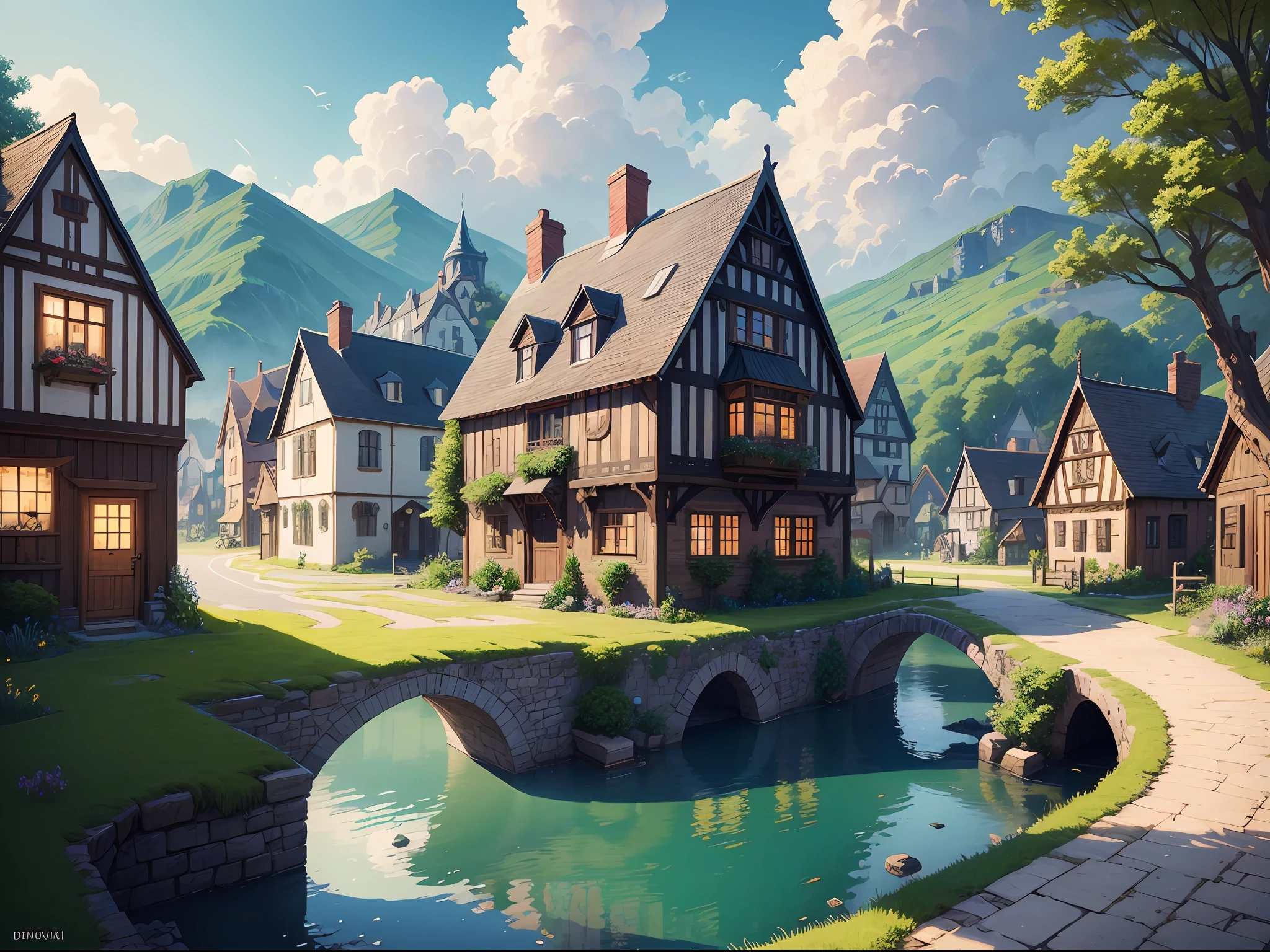 Style illustration of a town with a lot of houses, cottage town, medeival fantasy town, Cute detailed digital art, Highly detailed illustration, fantasy town setting, 8K high quality detailed art, beautiful detailed pixel art, beautiful detailed illustration, concept art highly detailed, Detailed painting 4 K, immensely detailed scene, detailed scenic view --auto