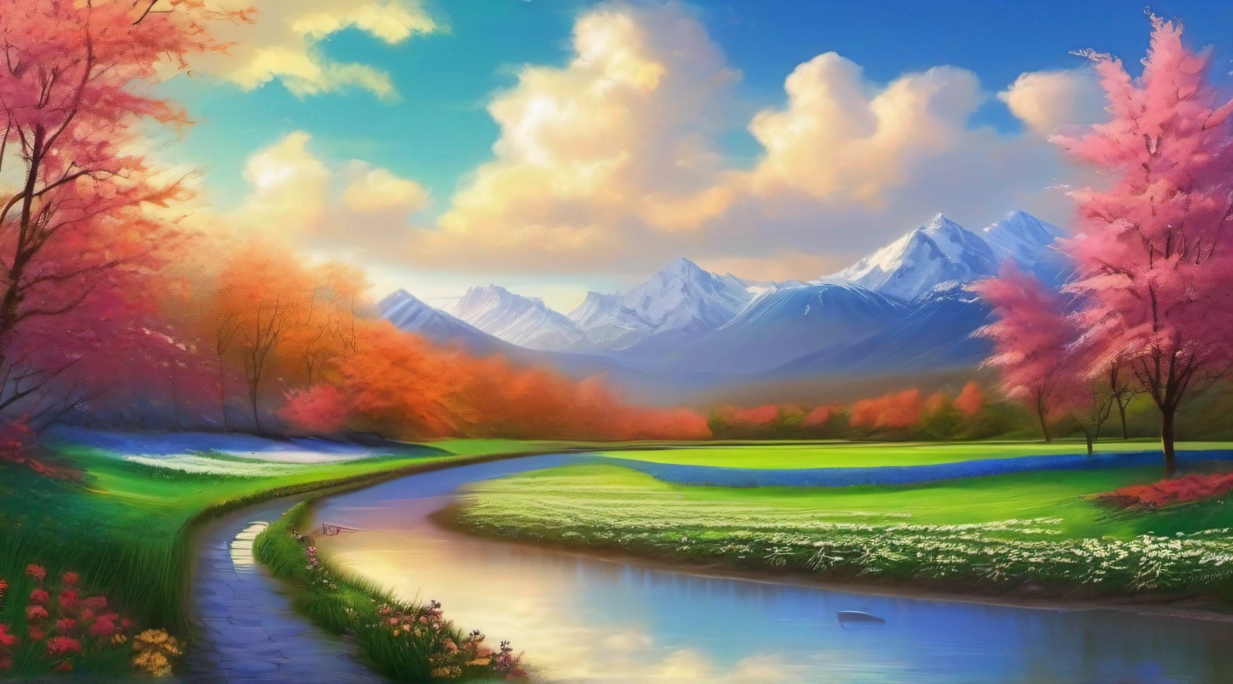 Blue sky,Clouds like cotton。Green grass,Wildflowers bloom。The creek is gurgling,The shadows of the trees are shining。The distant mountains are undulating,The top of the mountain is snowy。A harmonious and beautiful natural scenery。
