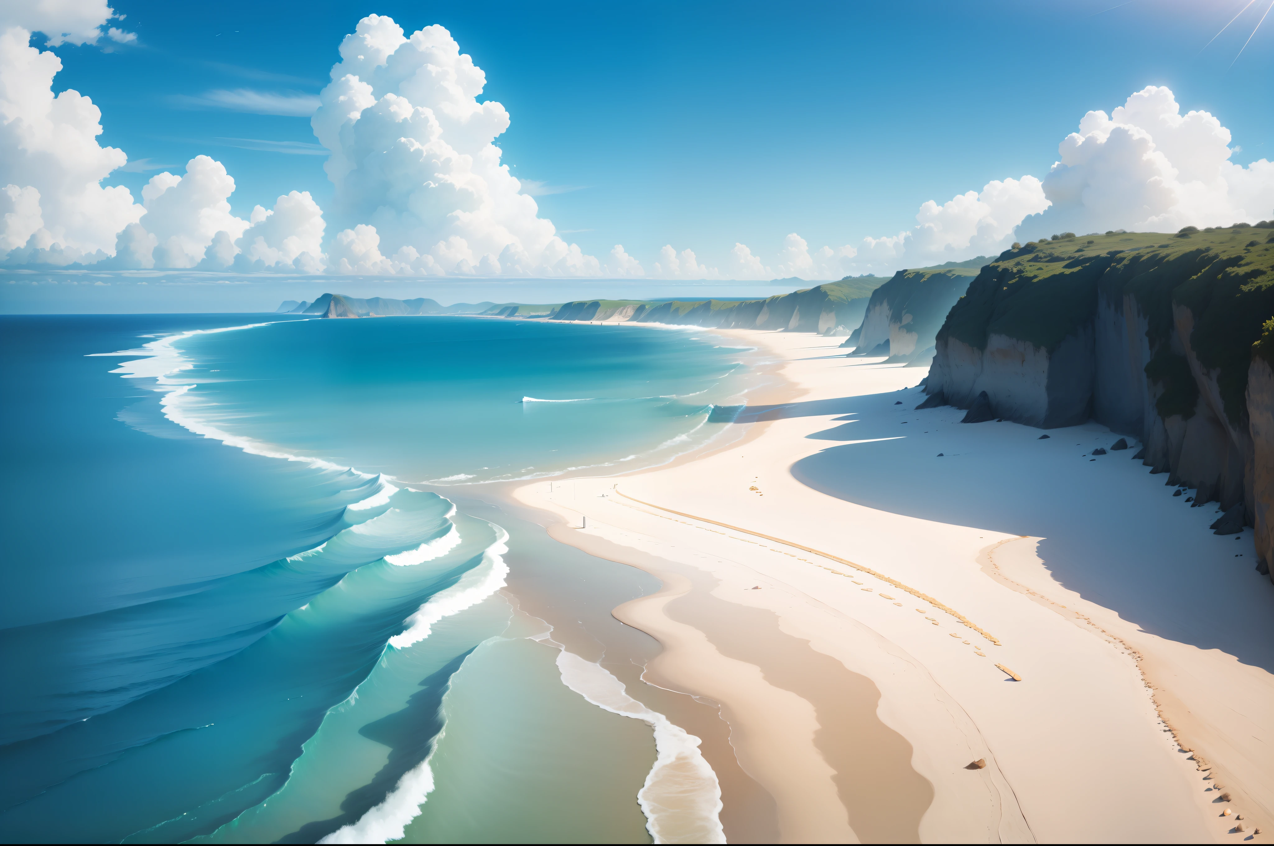 Coastal sandy beaches,Turquoise sea,The sea is shining,You can see a corner of the sun,with blue sky and white clouds,The feeling of early morning,extreme hight detail,You can see the vast sea,The view from the beach to the sea