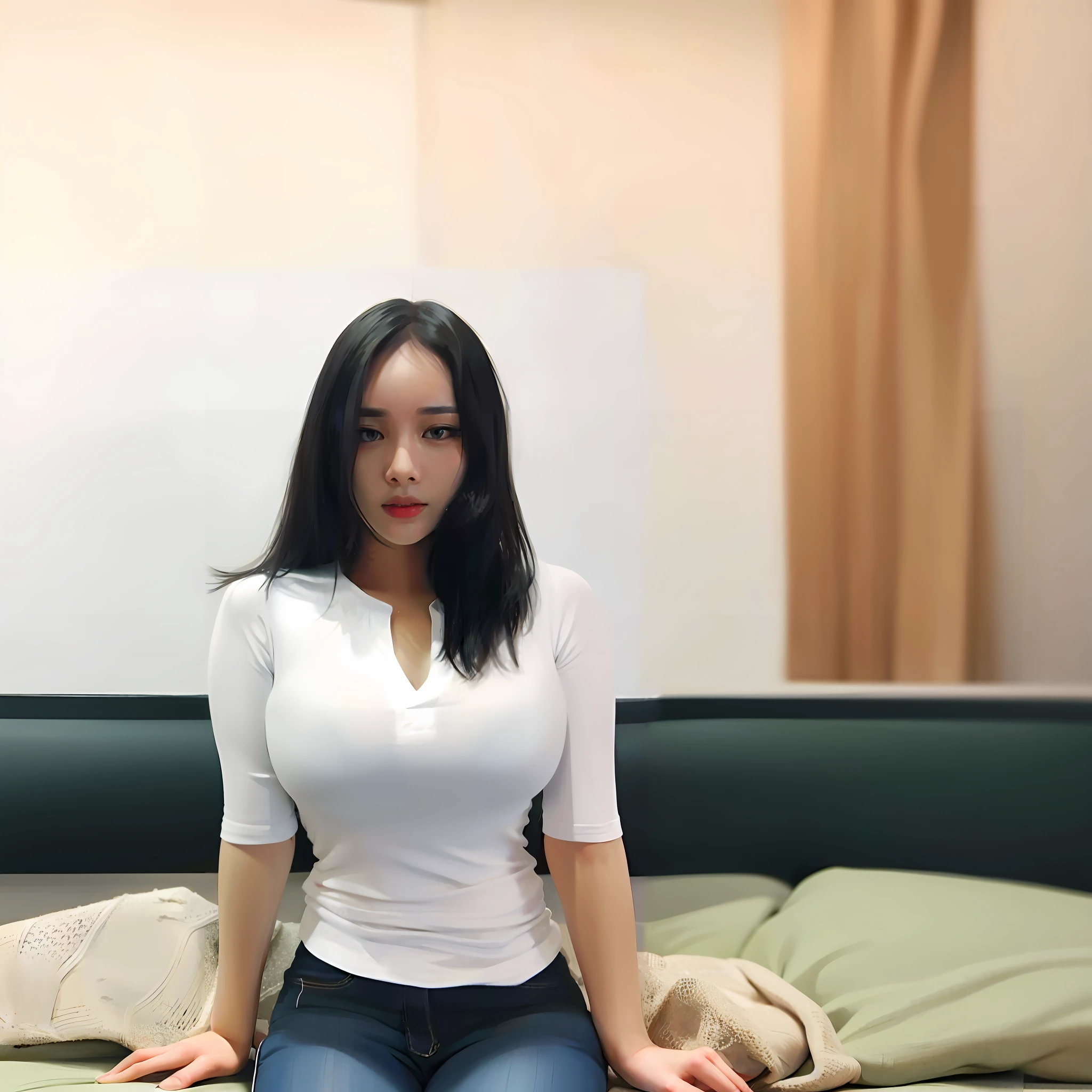 The Araki woman sat on the bed,Wearing a white shirt and jeans, Korean girl, wearing tight shirt, beautiful Korean women, Tight shirt, Korean woman, Gorgeous young Korean woman, Asian girl, smooth white tight clothes suit, Open V chest clothes, Beautiful young Korean woman, Beautiful Asian girl, 2 4 year old female model, sie boob, 1 8 I