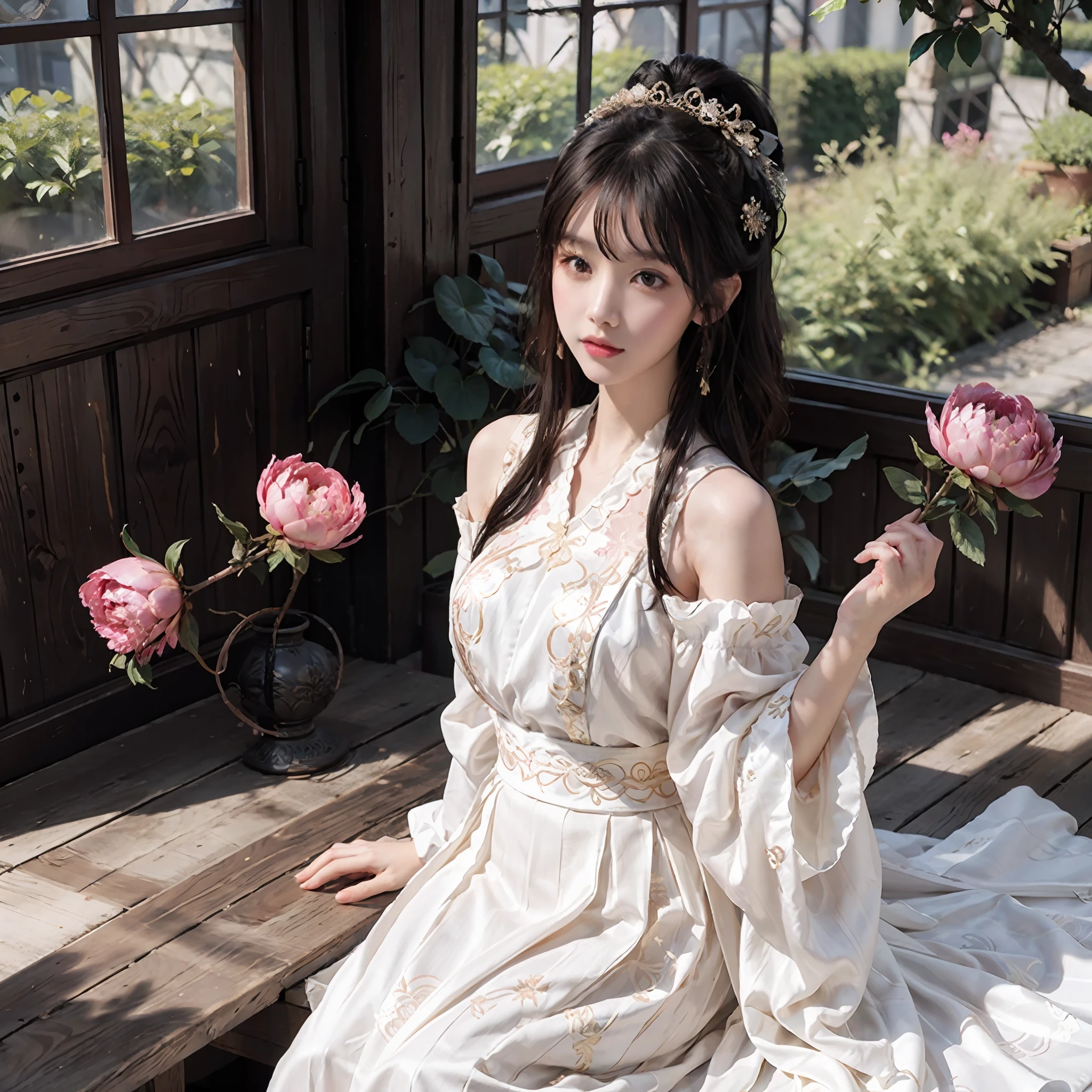 (8K wallpapers, Masterpiece, Best quality, Ultra-detailed, Best shadow), Closed mouth, Large breasts, Beautiful detailed eyes,1.,(full bodyesbian:1.2),cropped shoulders,The boudoir of an ancient Chinese girl,Look out the window,Fringed Hair Ornament,Peony Flower Hair Ornament,long whitr hair,Jade bracelet,Filigree peony fringed earrings