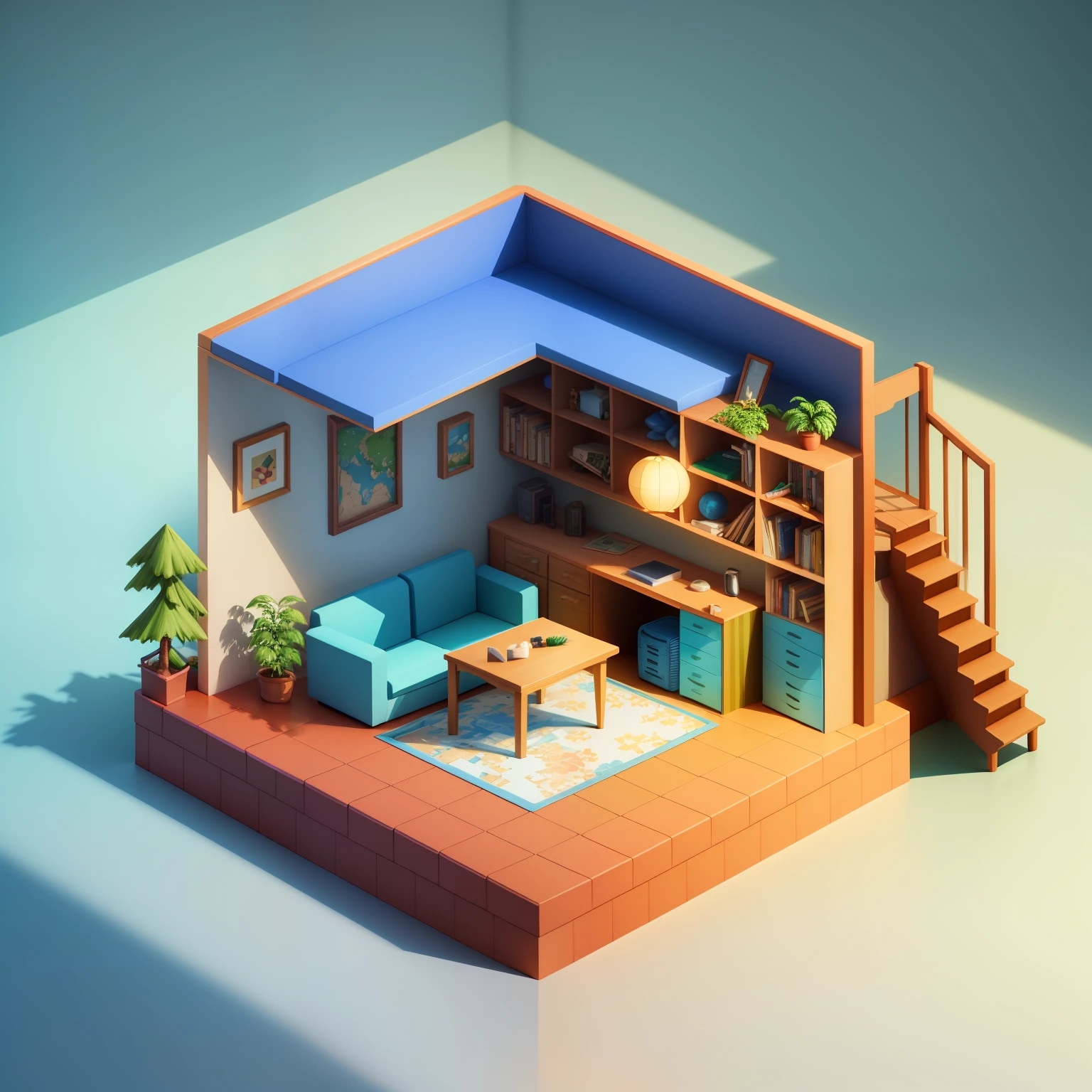 (Isometric perspective:1.5),(pixar-style:1.2),sobu,Beds,sofe,(Small bonsai:0.8),table light,tvp,Wall paintings,3D,Disney,panoramic photo,White background,one color background,Global illumination,Ray traching，Modeling，hdr，Octane rendering，unreal render，behans，art  stations，best qualtiy，8K，Lovely girl room，Book case，Blue Themes，World map，Eagle ornaments