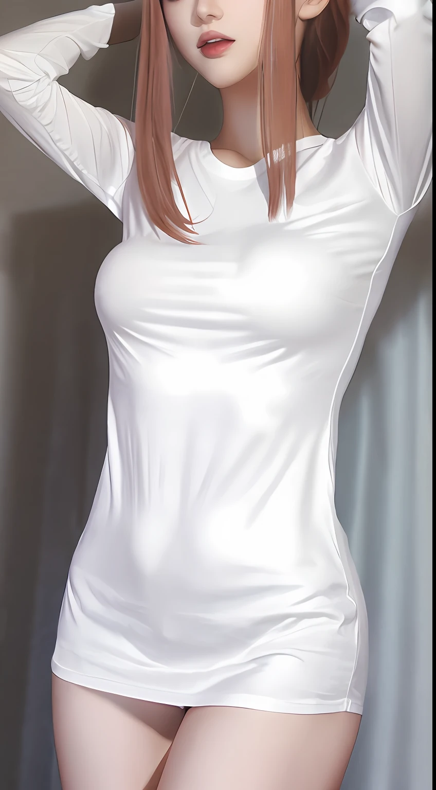 White T-shirt, open breasts, dress, no pants, arms behind back,