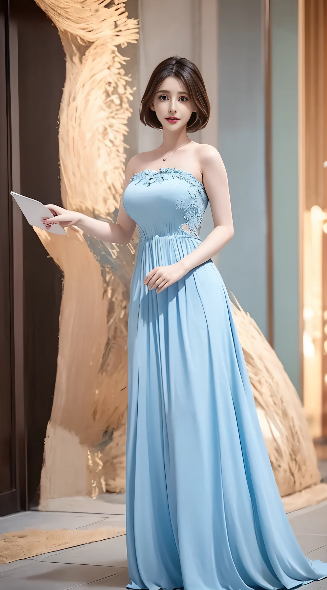 top Quority，Lots of detail，There is a woman in a random light dress posing for a photo，lunar themed attire，astral witch clothes，Fantasy costumes，Live girl cosplay，Beautiful celestial mage，inspired by Leng Mei，Bandeau dress，Popular on CGstation，celestial goddess，render of april，light blues，Fantastic medium portrait top light，light blue colored skin，amouranth，Fantasy dresses，Full body close-up