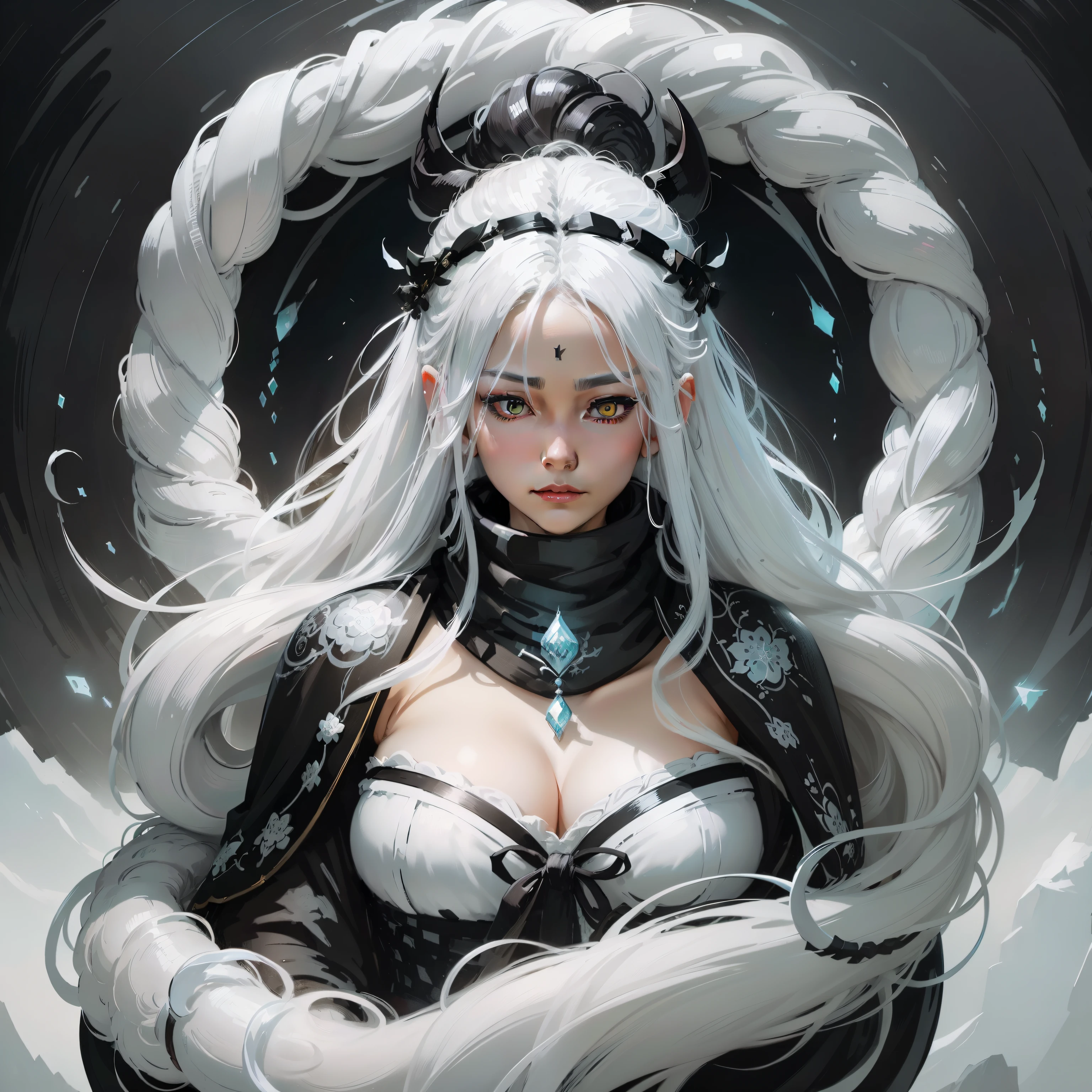 a close up of a woman with a white hair and a black scarf, a character portrait by Yang J, pixiv contest winner, fantasy art, white haired deity, beautiful character painting, artwork in the style of guweiz, the piercing stare of yuki onna, guweiz, with white long hair, with long white hair, flowing hair and long robes