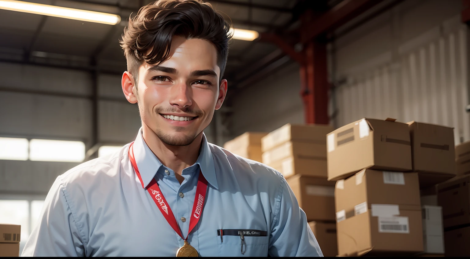A worker with a smile on his face,wearing work clothes,in a factory,Received the Medal of Honor