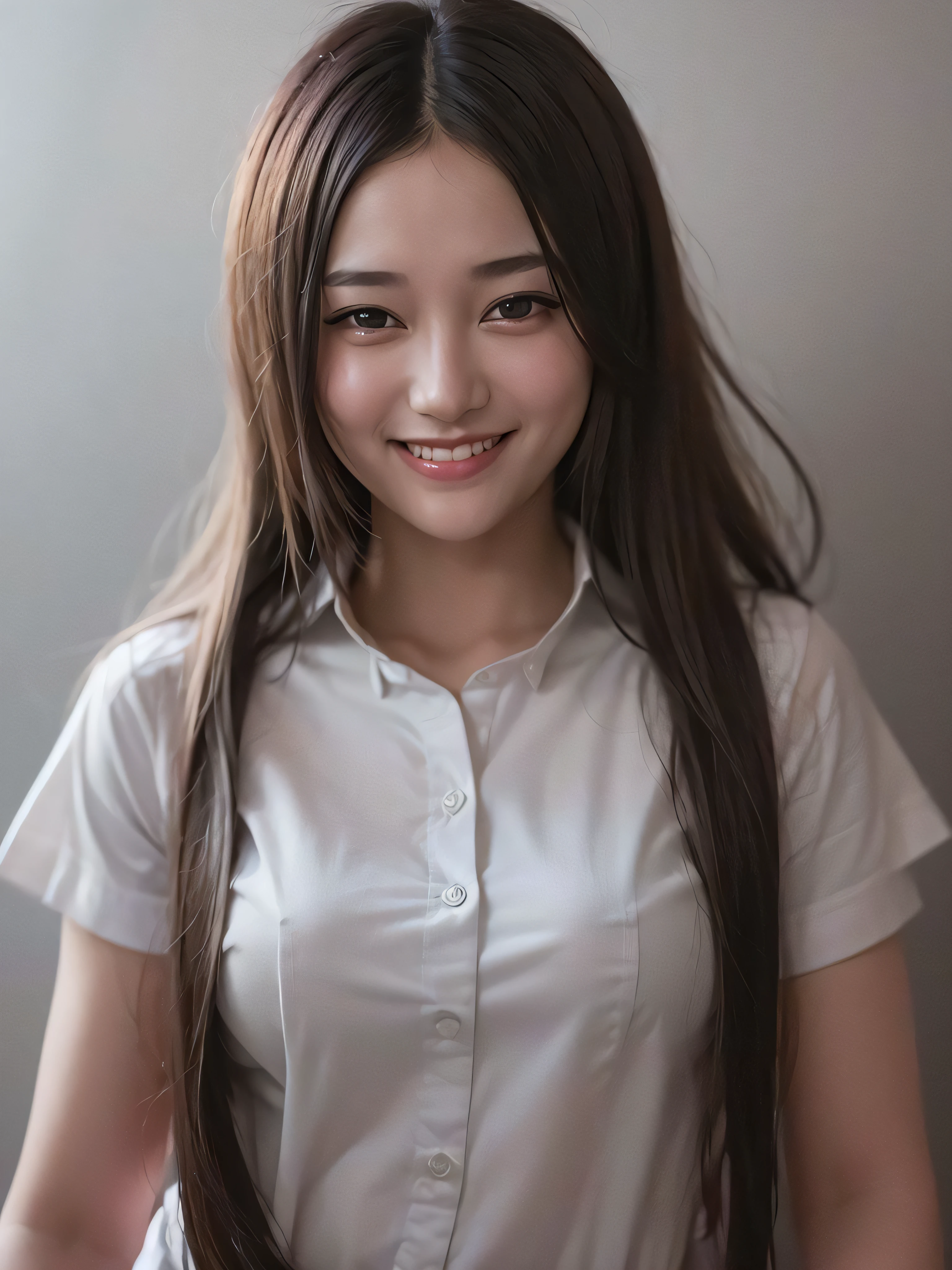 (grey background:1.5), (photorealistic:1.4), (best quality:1.0), (ultra highres:1.0), 8k, RAW photo, (masterpiece:0.2), 1girl, beautiful skin, detailed skin, big smile, teeth, (uniform:1.5)