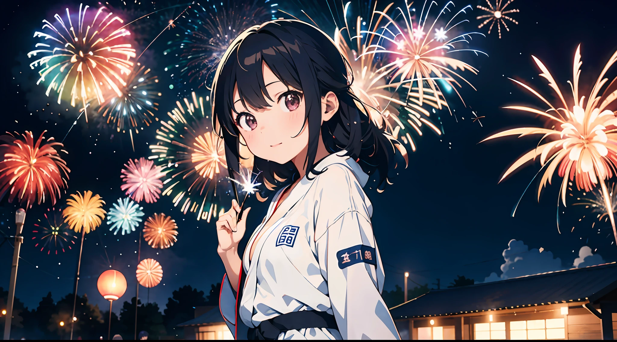 （​masterpiece、top-quality）girl with、perfect anime illustration、sparklers、bathrobe、geta、Fireworks in the night sky、skyrocket、The place is a fireworks display、Time is night、Sunnyday、Turn around、So that the whole body goes into the illustration