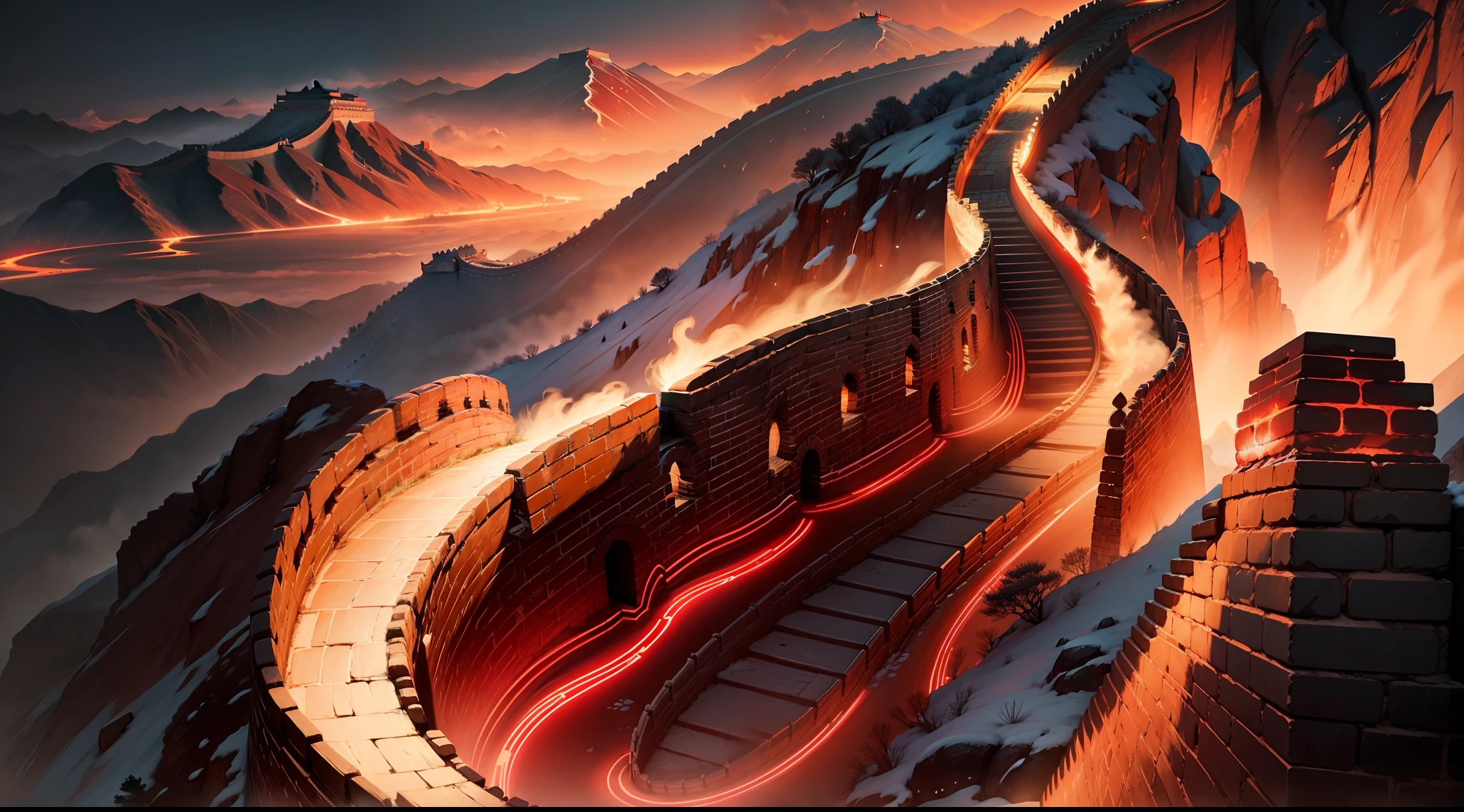 Map of China,the great wall,red colour,light circles --auto