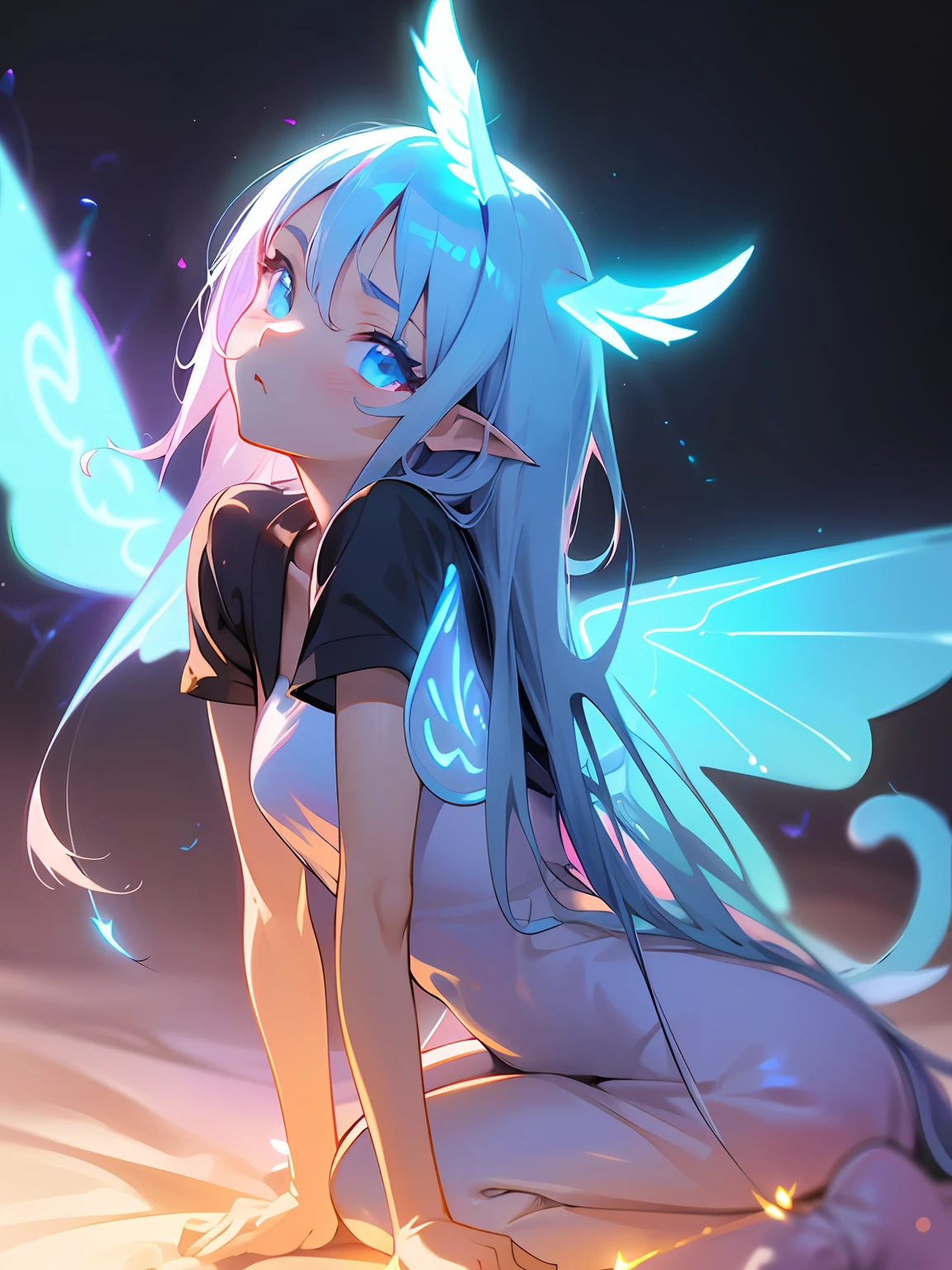 absurderes, hight resolution, ((masutepiece)), animesque、((Best Quality)), (Ultra-detailed), ((Extremely detailed)), (Beautiful), ((Kawaii Girl)), 独奏,(14years:1.6)、Beautiful face, full body Esbian、White skin、(Glowing blue eyes:1.3)、shiny long pale blue hair、The upper part of the body、Gentle face、Fantasy World、Exotic lands、Chengsei Metropolis、Wizard's Clothing、(There are glowing wings:1.7)、(Cat's ears)