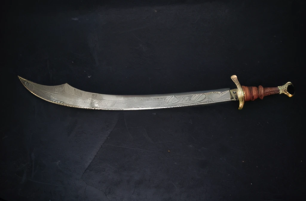 a closeup of a knife on a black surface with a black background, espada grande, arabian sword, espada curva, espada de coldre, espada jiang, Espada Orkish, espada, Espada larga, steel sword, Engraved blade, espada longa, huge oversized sword, segurando cimitarra feita de osso, Espada medieval, armored sword blade, Broadespada, uma espada larga