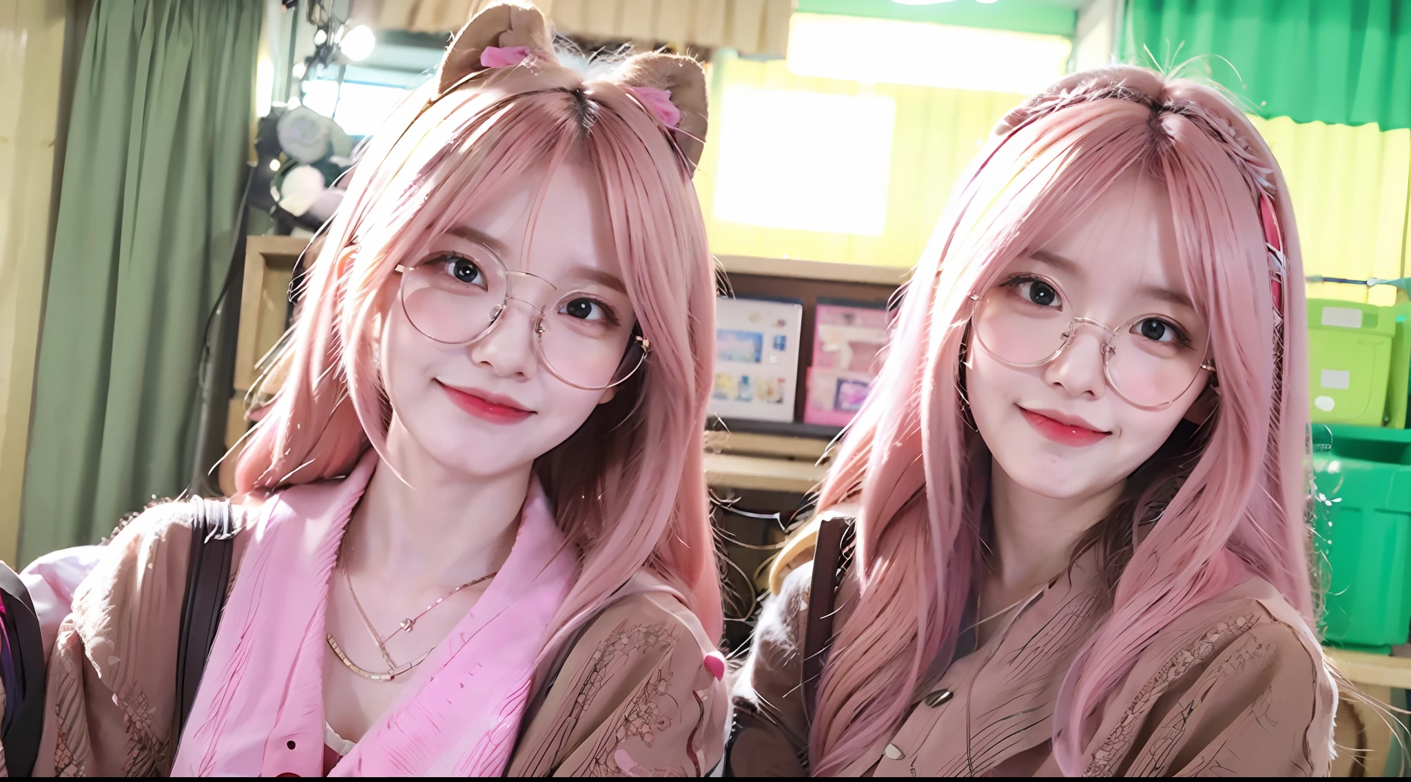 Girl with pale pink hair and glasses, kawaii realistic portrait,high quality fanart,commission for high res, Nekomimi, Nyaruko-san, In anime style,kawaii , marin kitagawa fanart, fullbody commission for, Commission on furaffinity, Women in their 20s ,Light pink hair ,streamers, Long layer hairstyles ,looking at the audience ,Middle chest ,Sexy poses ,bestquality ,smirk , 1 girl ,Complete Body Beauty