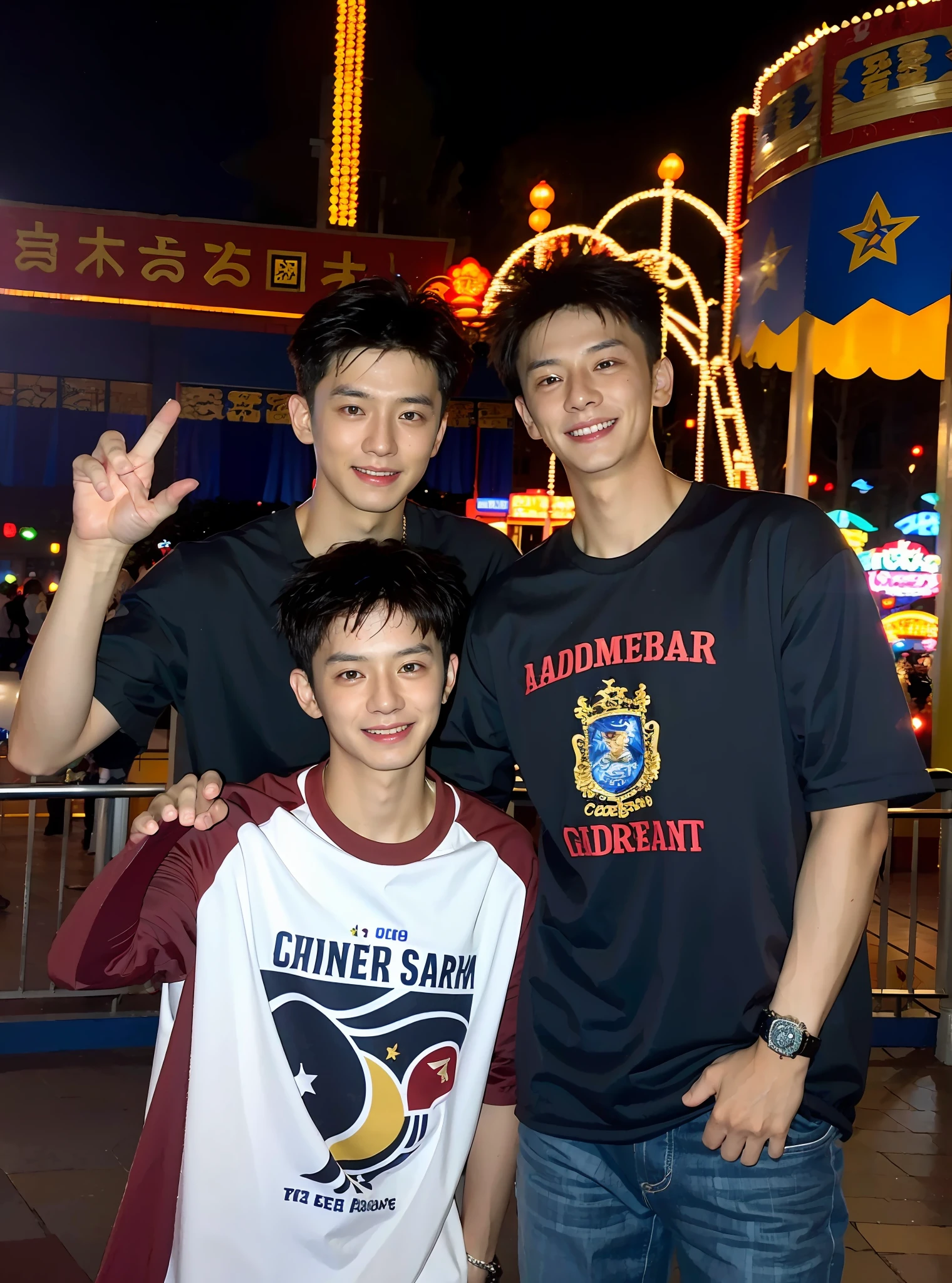 (Chinese handsome:1.5),Two men at an amusement park,the night,masculine pose,realistic detail, photograph of-realistic,textureskin,looking to the camera,18-year-old boy,studio,