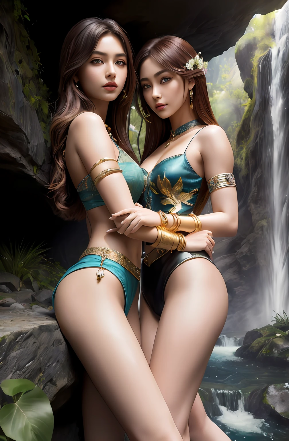 ((Realistic:1.5)),Ulzzang-6500:1.4,((Best quality)), ((Masterpiece)),((Detailed)),2girls,duo,{2 beautiful women}, (Upper body:1.3),Hug and touch each other, Tease your friend's waist, Breathless friends, Biting a friend's earlobe, crouched,super wide shot,Face focus, Long legs,Curvy, Barefoot,Wide hips, Thin legs, Oversized eyes,Long eyelashes, (Detailed face,beautidful eyes, detailedpupils,detailed clothes features, Clear background:1.3), (armlets, bangle:1.3), Mysterious ancient ruins, floresta exuberante, Deep canyon,bridge,River,cliff,Cloud,lakes,Rock music,Waterfalls, Flowers, Grass,grape trees,tree,bright detail,Sharp,Perfect compounding, Intricate, Sharp focus, Dramatic,