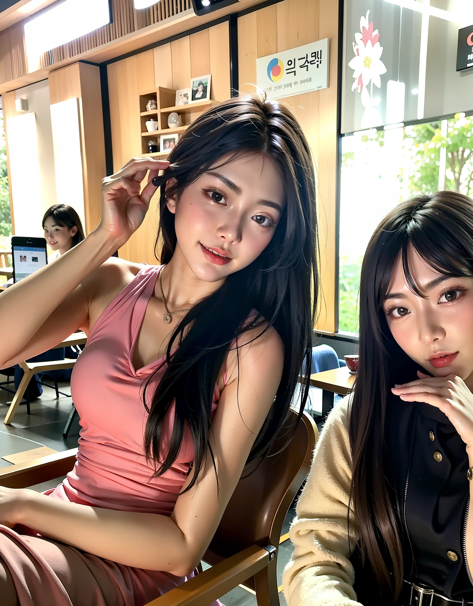 Two beautiful young Korean women,sitting at table,。At the same time, Star Shin Jin-young and popular Korean makeup appeared。