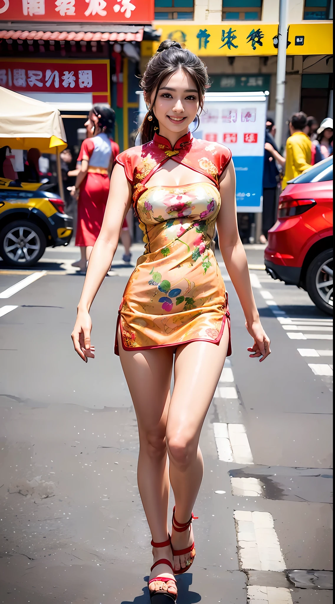 (solo), (a detailed full body RAW photo of a girl), (masterpiece:1.0), (best quality:1.4), (ultra highres:1.2), (photorealistic:1.4), 8k resolution, Canon EOS R5, 50mm, absurdres, ultra detailed, (18yo), sharp focus, cinematic lighting, detailed beautiful face, (heavy makeup:1.2), petite figure, detailed skin texture, pale skin, big breasts, (fit body:1.3), thigh gap, detailed random hair, 25 year old indian beautiful girl, beautiful face, beautiful body, smiling, (random colour printed cheongsam:1.3), realistic glistening skin, (Street Market in background:1.2), shot from below, full body photo, looking at the viewer