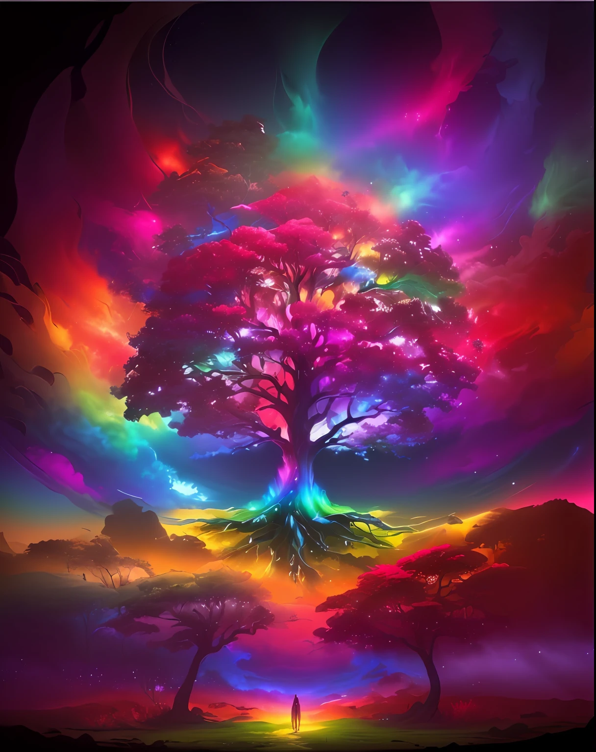 a painting of a tree with a rainbow colored sky in the background, the tree of life, cosmic tree of life, magical tree, fantasy tree, tree of life seed of doubt, tree of life, the world tree, cosmic tree, magic tree, magical colors and atmosphere, colorful concept art, world tree, yggdrasil, beautiful art uhd 4 k