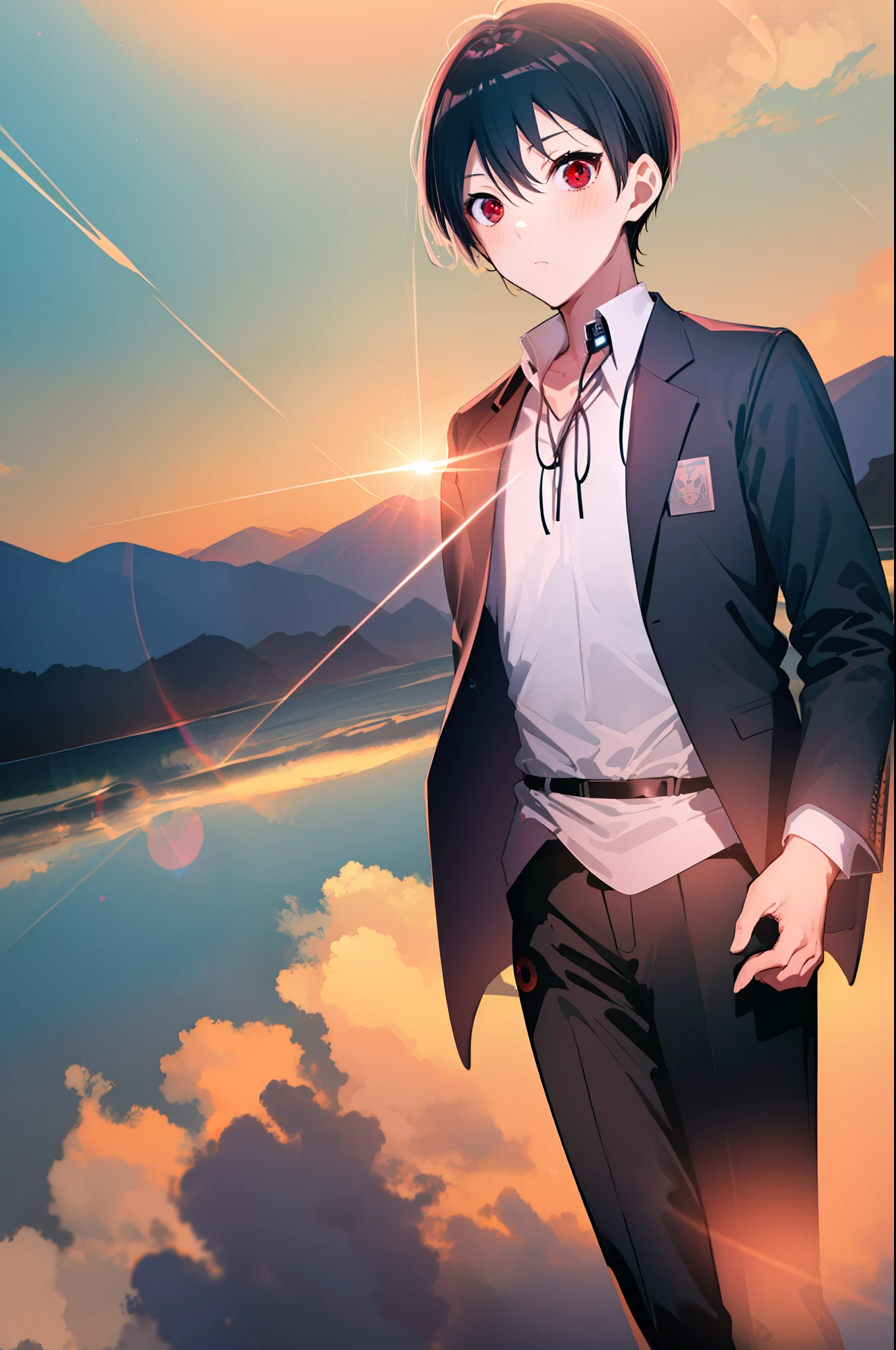 ((primary work)), ((best quality)), high, (((((1boy)))))), (((A boy with short black hair and red eyes))), ((( (There is only one person)))), Kiyotaka Ayanokouji, ((((15 year old teenage boy)))), (((male school uniform white shirt black jacket open jacket long black pants))), ((Eyes red))), (((((short black hair))))))), ((anatomically correct full body)), normal legs, ((wears black shoes)), ((He has a scared face and confusion)), ((Detailed full scenery)), ((mystery)), ((horror)), ((Tense time)), Balanced posture, subtle blush | | | | | | | | | | |, BREAK golden hour crystal pendant, (rim lighting): 1.2, warm tones, sun flare, soft shadows, vibrant colors, pictorial effect, dreamy atmosphere BREAK scenic lake, distant mountains, willow tree, calm water, reflection, illuminated clouds by the sun, tranquil setting, idyllic sunset, ultra detailed, official art, unity 8k wallpaper, zentangle, mandala