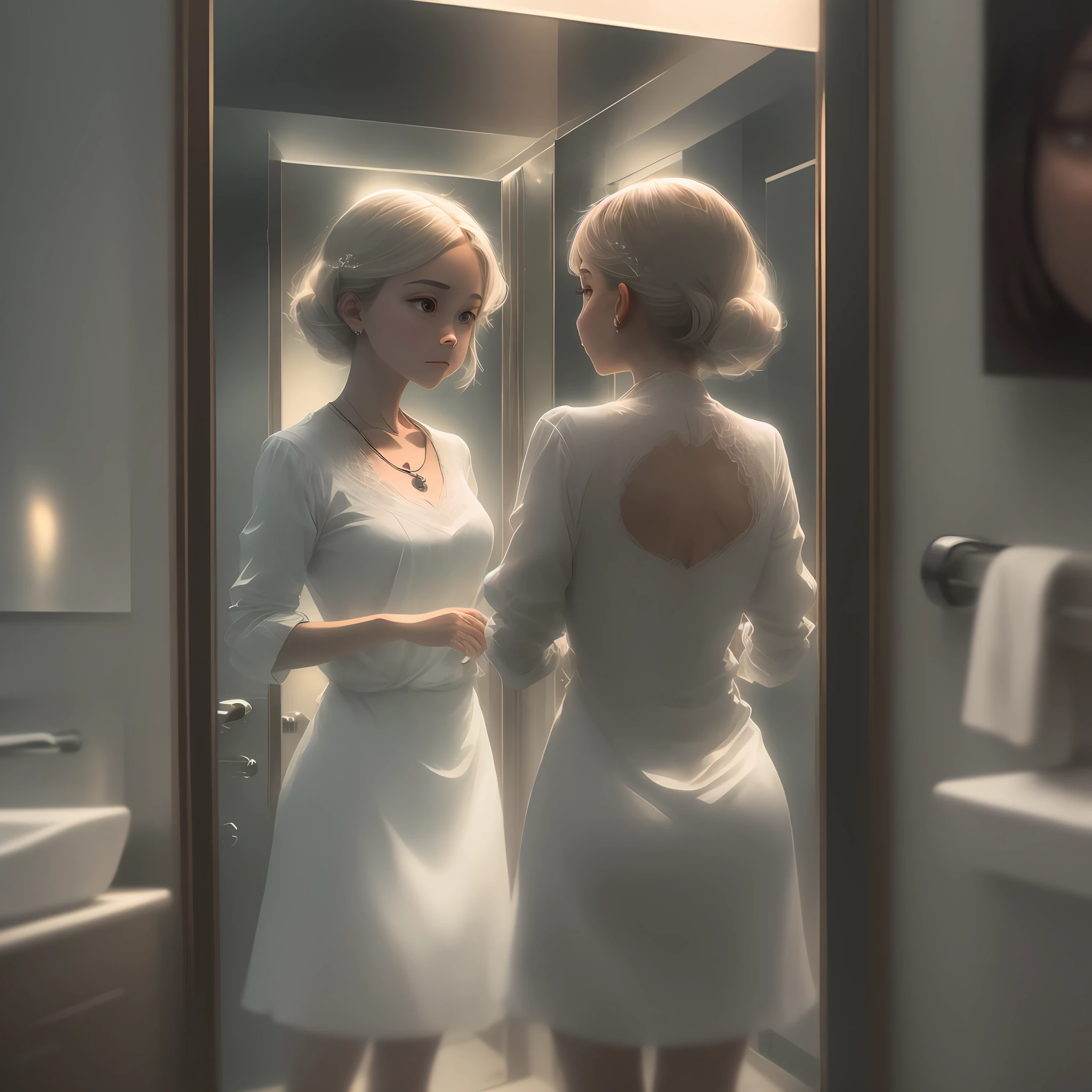 Captivating visual moment a person standing in front of a mirror evoking emotions and realization, a detailed imagery of the person and the reflection in the mirror, bathroom, the central element of the visual should be a clear, well-positioned mirror, setting -- a peaceful and well lit room, lightening diffused --auto --s2