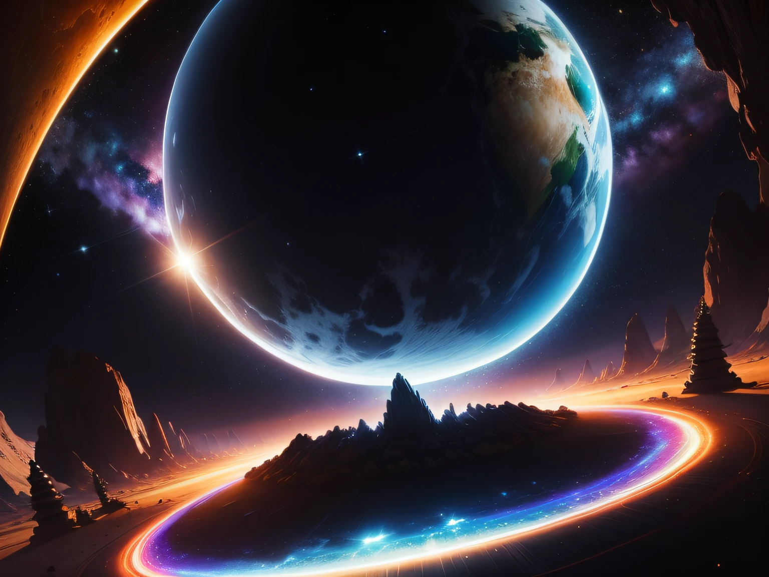planetas na galaxia, (((melhor qualidade))), realista, 4k, ultra-detalhado, with great sun illumination, efeitos de particulas, imagem dark