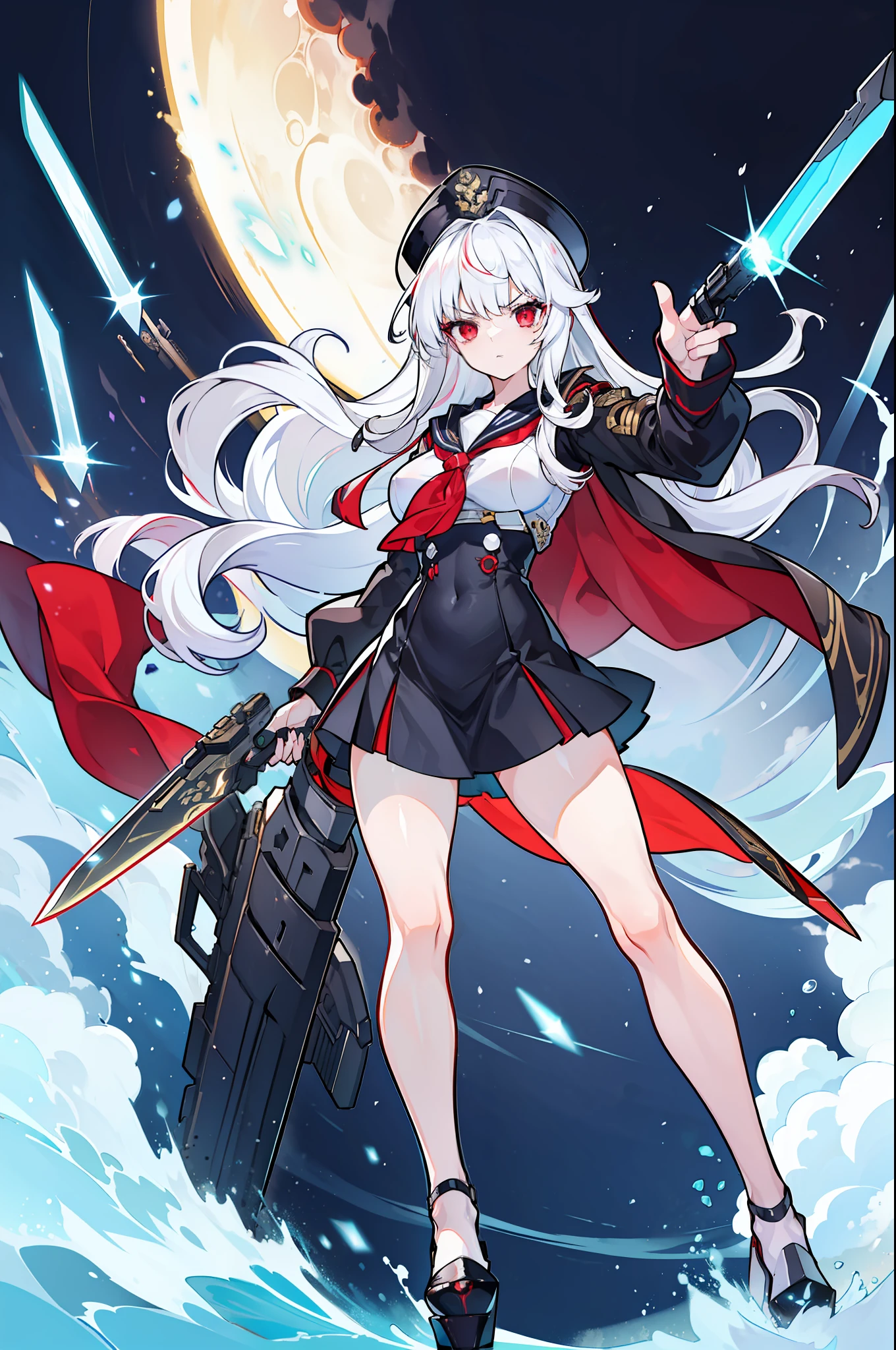 (masterpiece), best quality, expressive eyes, perfect face, 1girl, solo, medium height, young adult, young woman, big boobs, (long hair, white hair, side locks, bangs, wavy hair), (red eyes, death glare, serious, menacing, leadership aura, glowing eye), old timey sailor outfit, sailor outfit, captain, strong young woman, medium height, heels, skirt, fighter, guard, (gunblade, gunsword, knife attached to gun, pistol with a blade, gun with blade attached), human, sailor hat, sailor cap