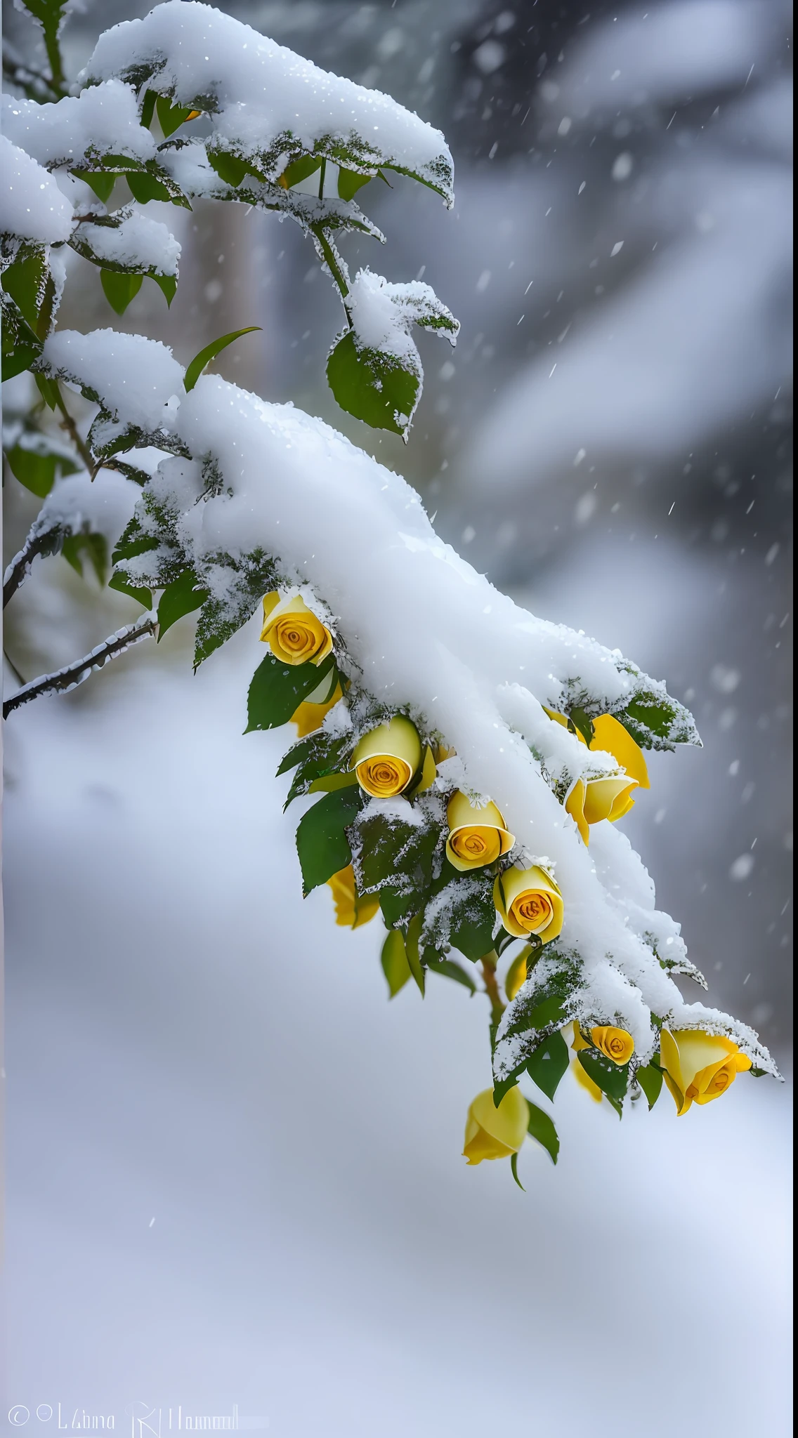 There is a yellow rose in the snow, Covered with snow, with frozen flowers around her, Yellow rose, dusting of snow, Still life with snow, winter vibrancy, Snow and ice, Covered, Winter in the snow, Cold snow outside, In winter, Color ( sony a 7 r iv, blanketed in a mantle of snow, pale as the first snow of winter