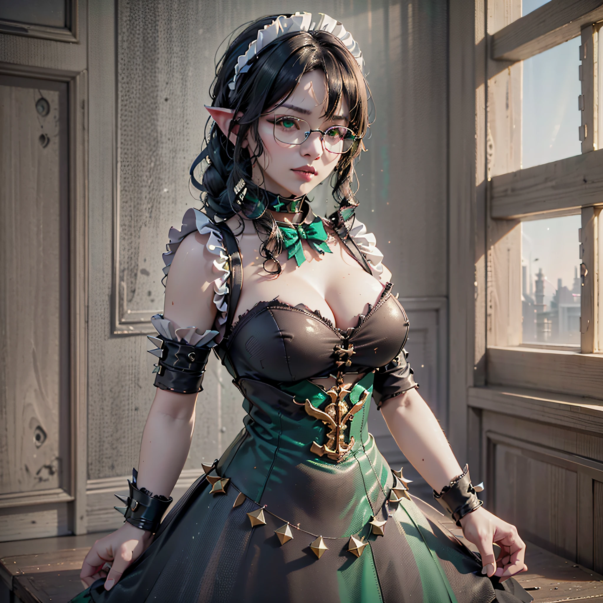 (64k, RAW photo, highres, best quality, masterpiece:2.0), (ultra-fine depiction of the detail:2.0), (realistic, beautiful, photo-realistic:1.3), (elf, pointy ears), (Tex Mex Burrito Style), 1girl, (yuri alpha), long black hair, (single braid bun), bangs, shiny black hair, blue gray eyes,(cool glasses), (gothic style vivid blue choker), (blue bowtie and ribbon) (simple but high-quality maid dress), (a battle maid with confidence and dignity), (she is equipped with spiked gantlets, and they are elaborately designed, and vivid dark emerald green colored), (solemn maid dress with gothic style coreset), cleavage, huge breasts, mature elegant female, shiny skin, ghost in the shell, pink lips, looking to the side, closed mouth, in a study room, filled with solemn atmosphere, (highly sophisticated professional HDR, with effective ambient occlusion, perfectly optimized spot light and front light:1.8), (perfect, natural, harmonious composition), (photo-realistic, ultra-detailed:1.5), ((only by full body shot and cowboy shot from front:1.6))