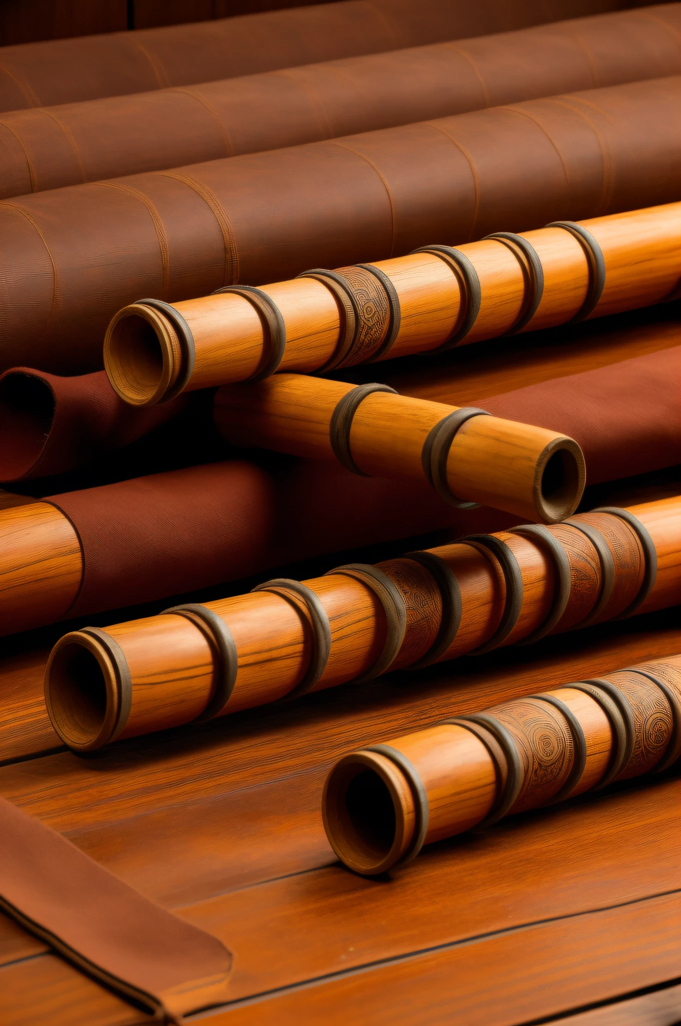 hyper-realistic photo of bamboo flute on table), ((primitive straight pipe flute)), musical instrument perched directly on table, dark background, 4k, 8k, HDR, (depth of field:1.2), ultra detailed, (Aztec tablecloth on table), (matte), ((old wood)),((six circular holes along the tube)), ((realistic)), (canon rp), primitive straight tube flute, V-shaped flute mouthpiece, decorated with leather threads