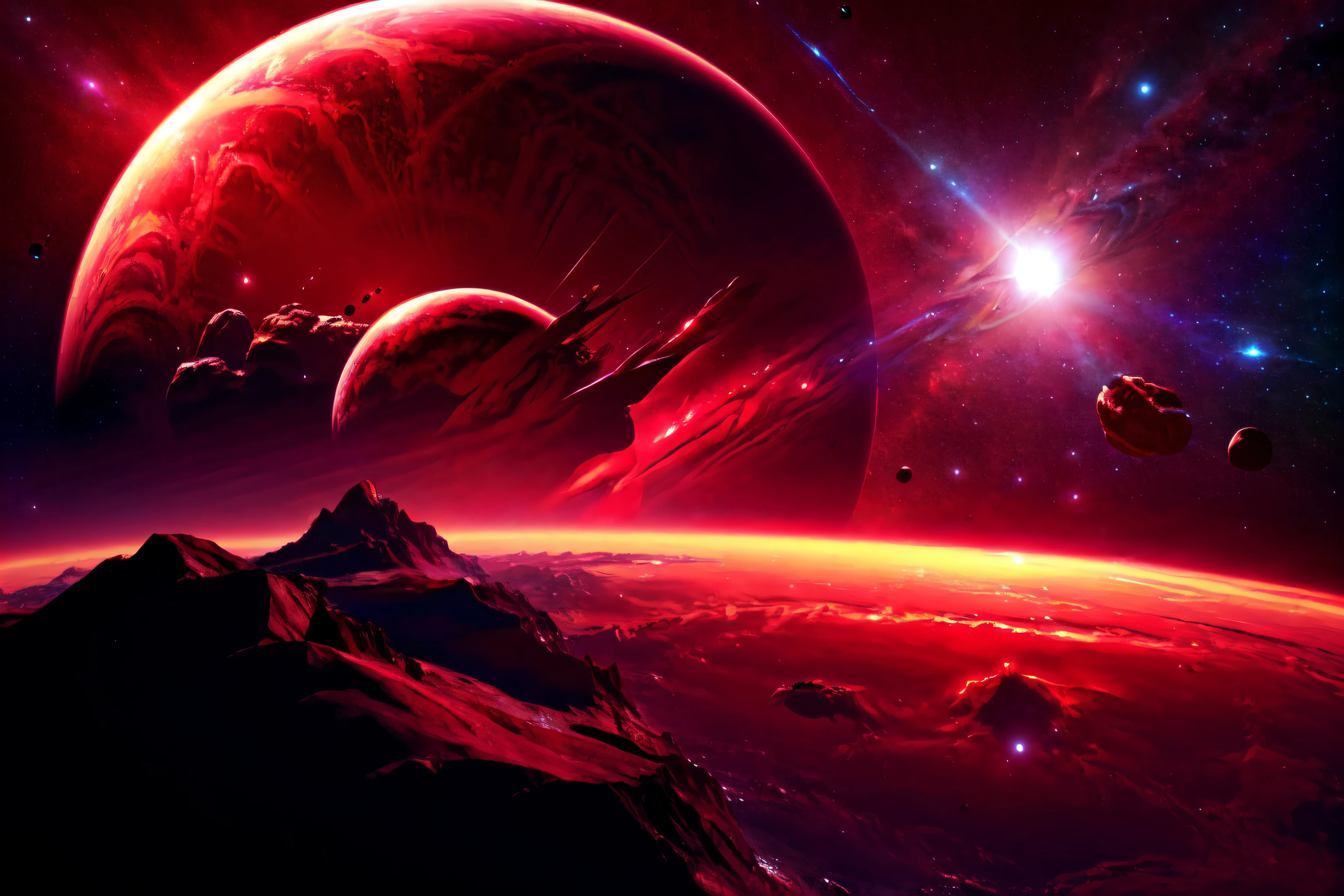 A space station located in space amidst the vast expanse of stars, planets, and galaxies would be a remarkable feat of engineering.(((masterpiece))), ((best quality)), realistic, 8k, ultra-detailed, realistic, scenery, ConceptArt, Highly detailed RAW color Photo, side Angle, (lens flare:0.7), particle effects, raytracing, cinematic lighting, shallow depth of field, photographed on a Sony Alpha 1, 50mm wide angle lens, sharp focus, cinematic film still, dynamic pose., (red look:1.3)